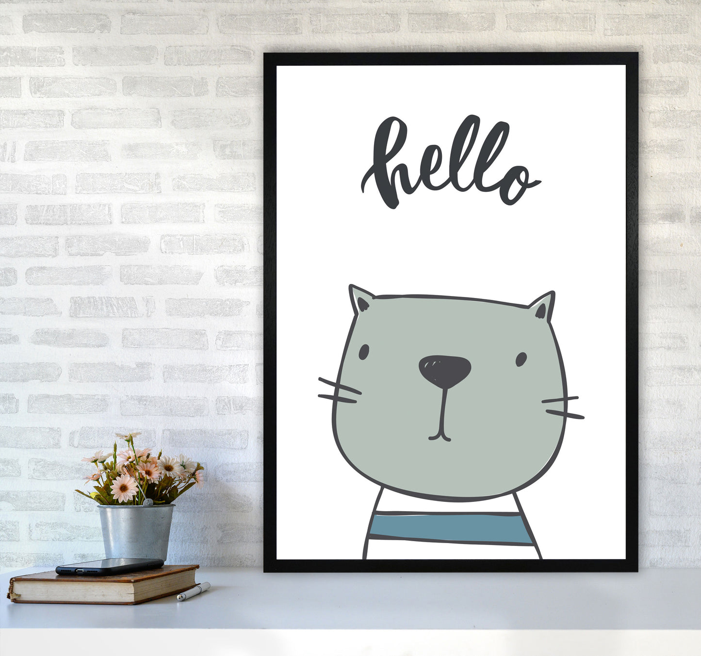 Hello Cat Modern Print Animal Art Print A1 White Frame