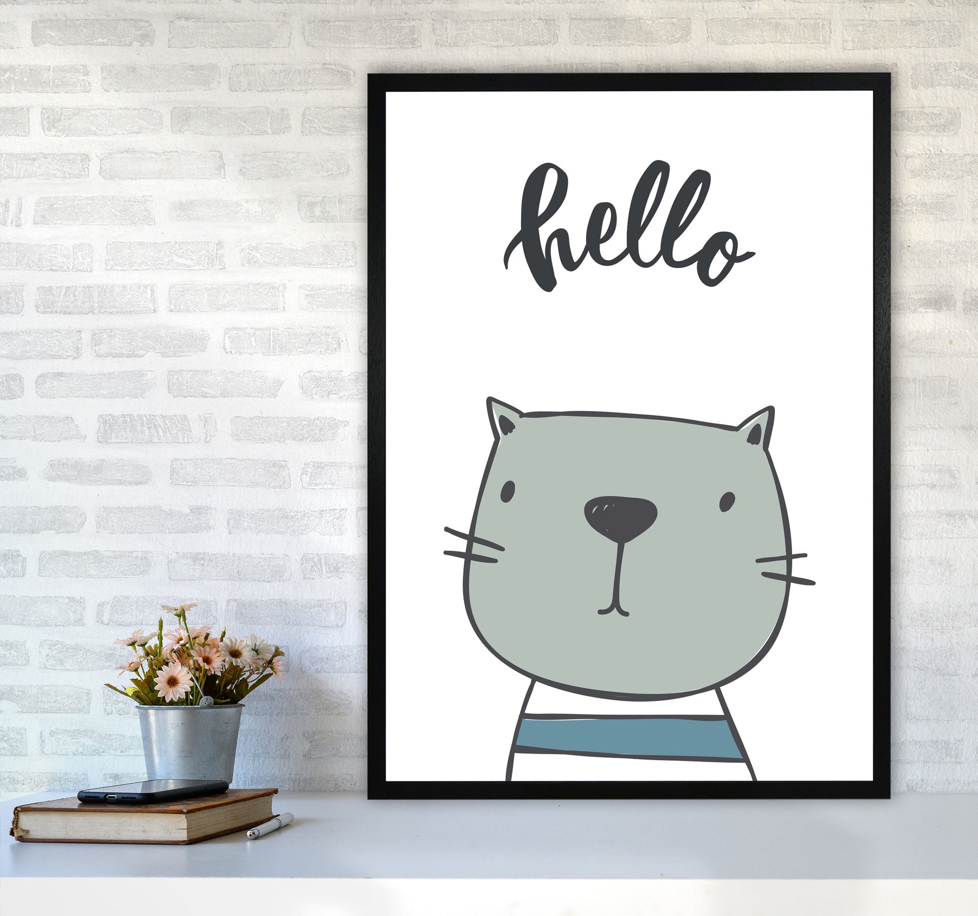 Hello Cat Modern Print Animal Art Print A1 White Frame