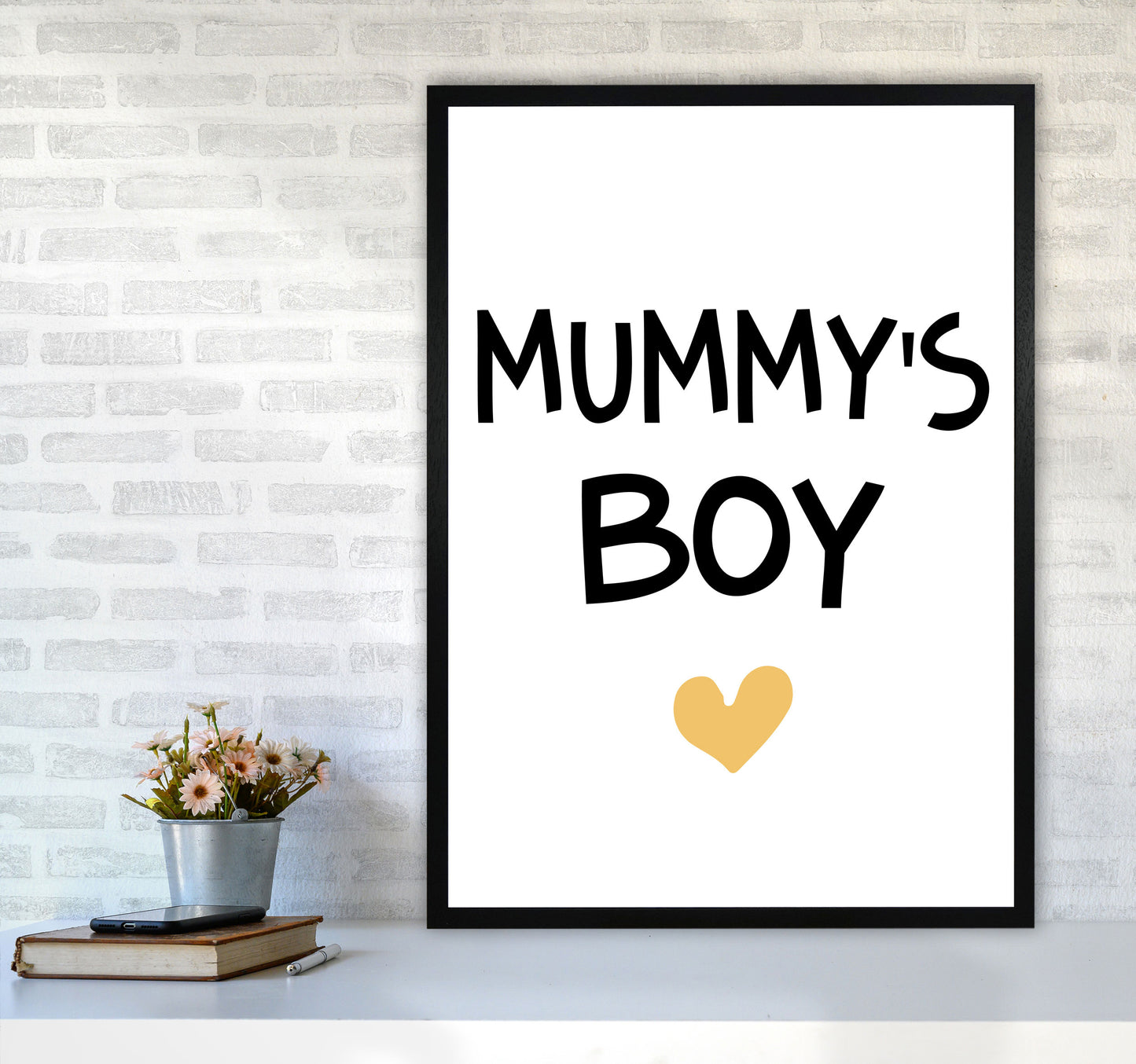 Mummy&#39;s Boy Mustard Framed Nursey Wall Art Print A1 White Frame