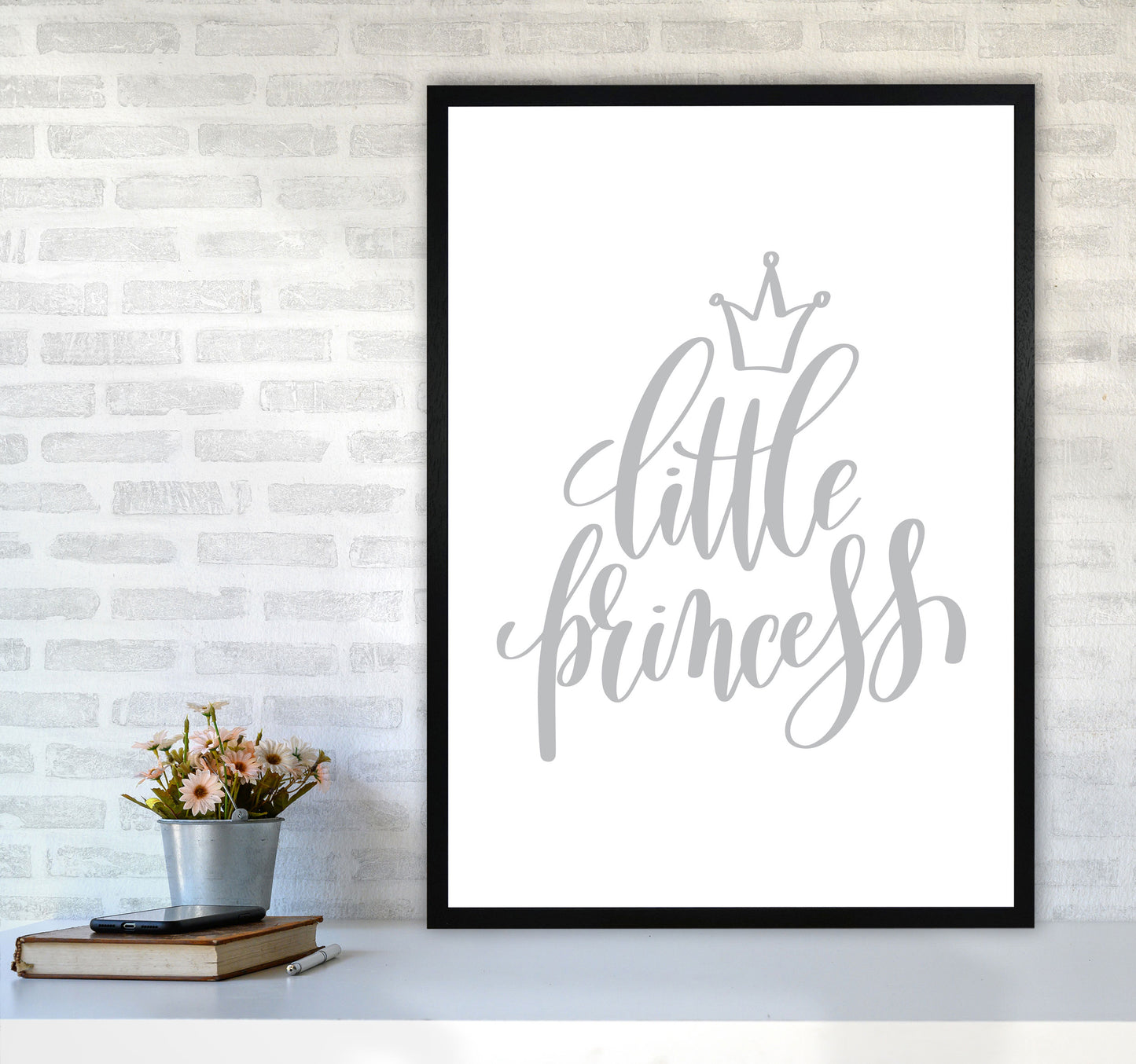 Little Princess Grey Framed Nursey Wall Art Print A1 White Frame