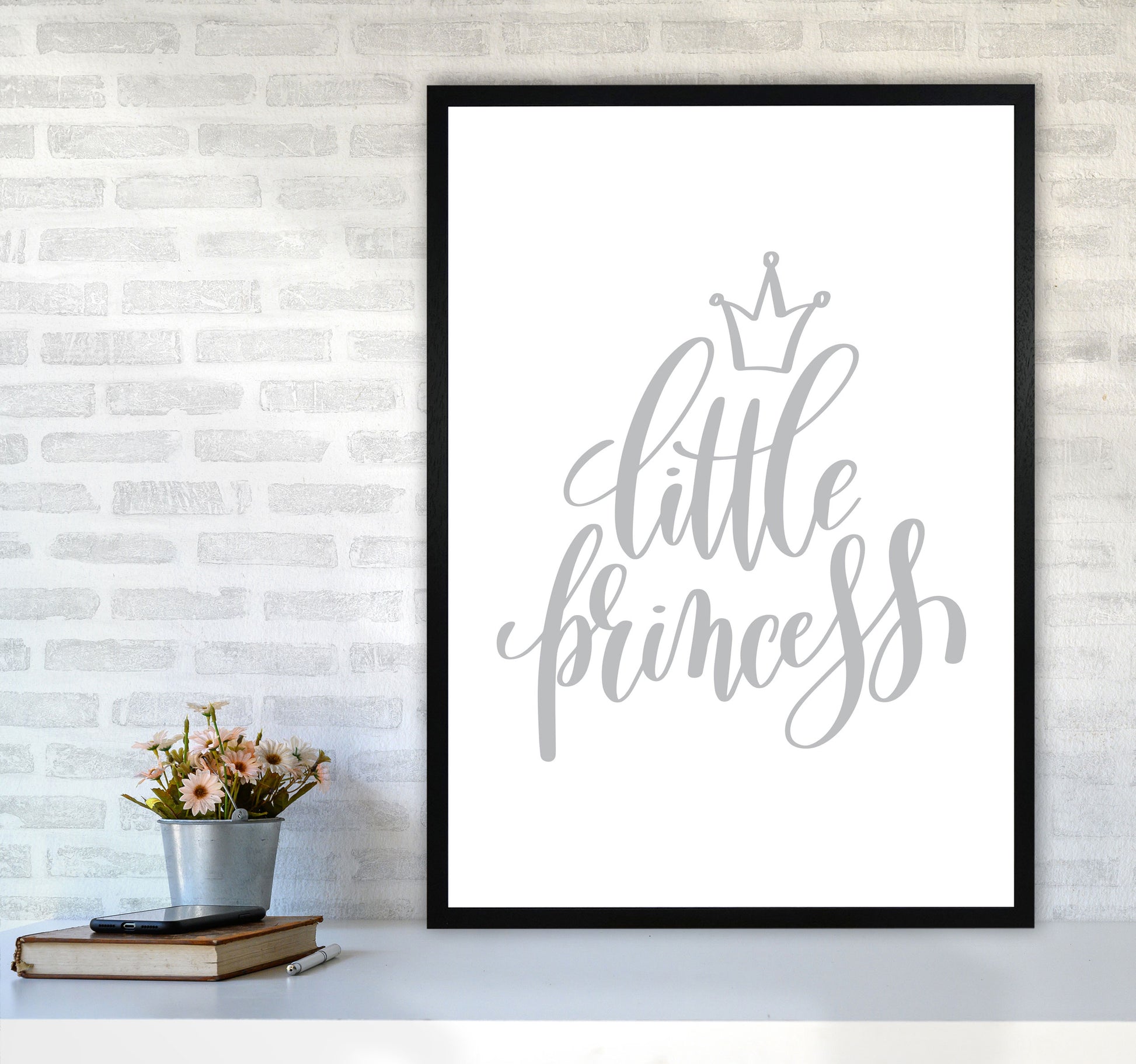Little Princess Grey Framed Nursey Wall Art Print A1 White Frame