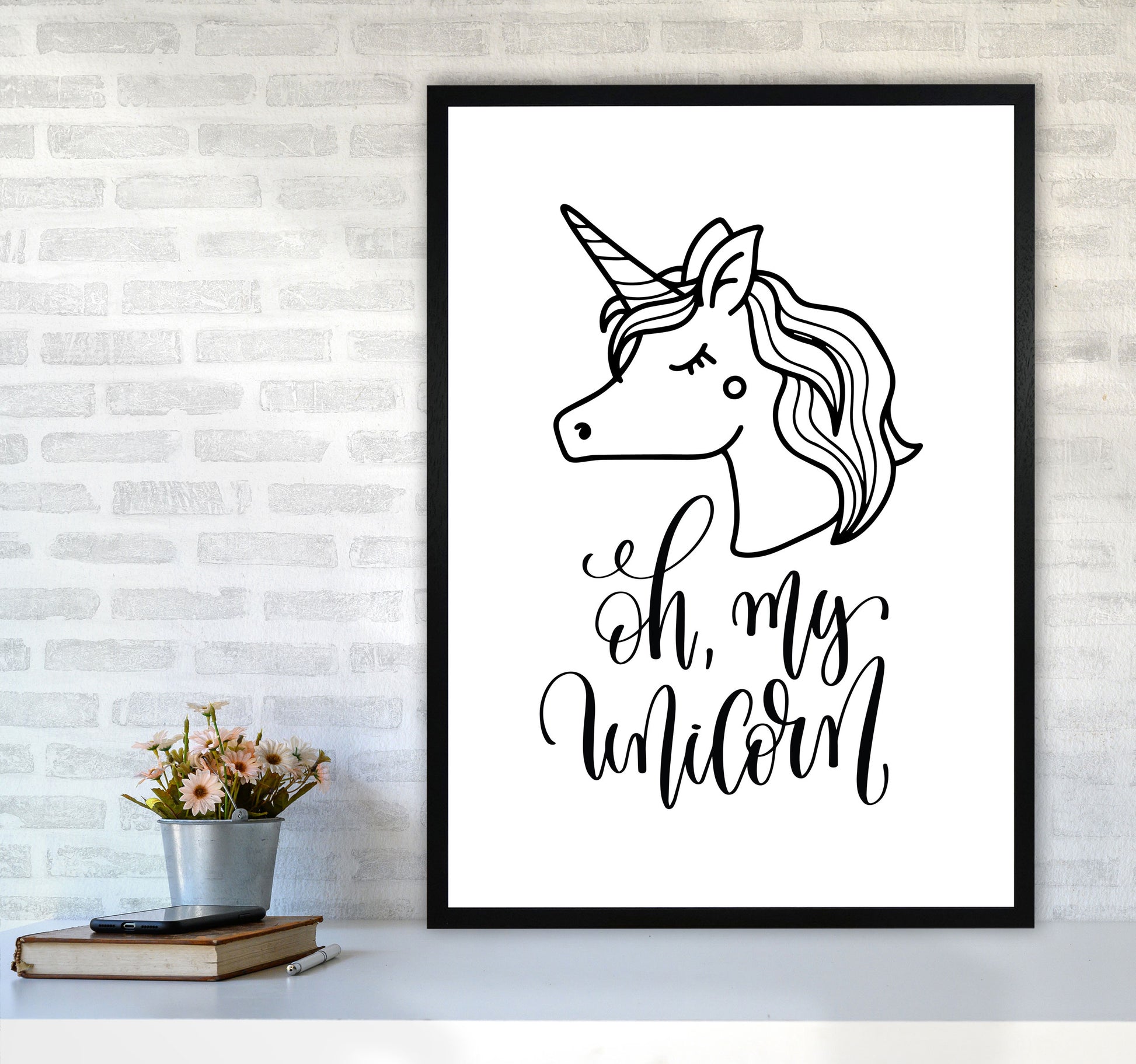 Oh My Unicorn Black Framed Nursey Wall Art Print A1 White Frame