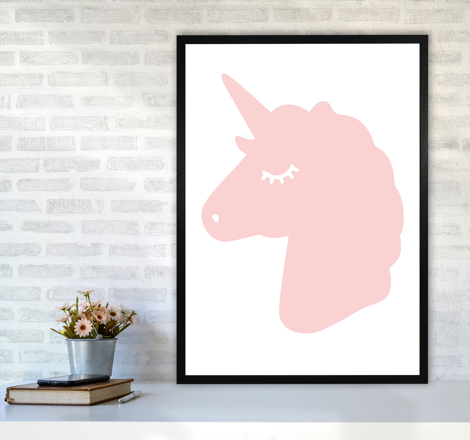 Pink Unicorn Head Modern Print Animal Art Print A1 White Frame