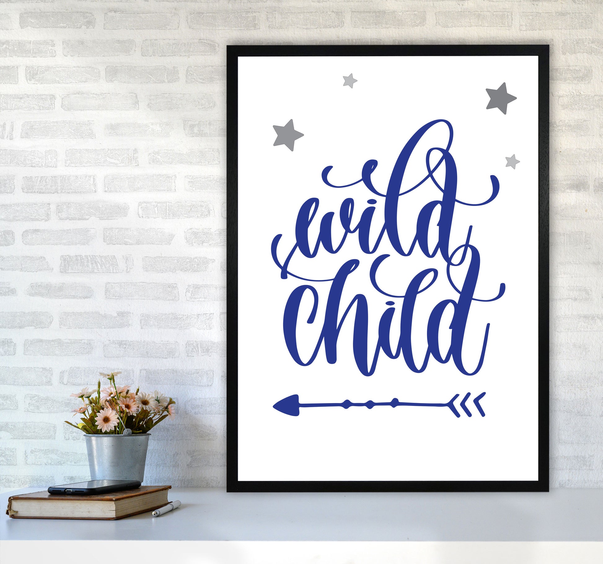 Wild Child Navy Framed Nursey Wall Art Print A1 White Frame