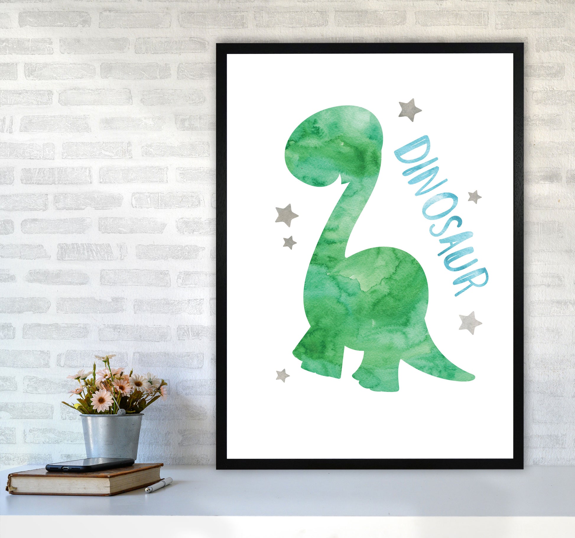 Dinosaur Watercolour Modern Print A1 White Frame