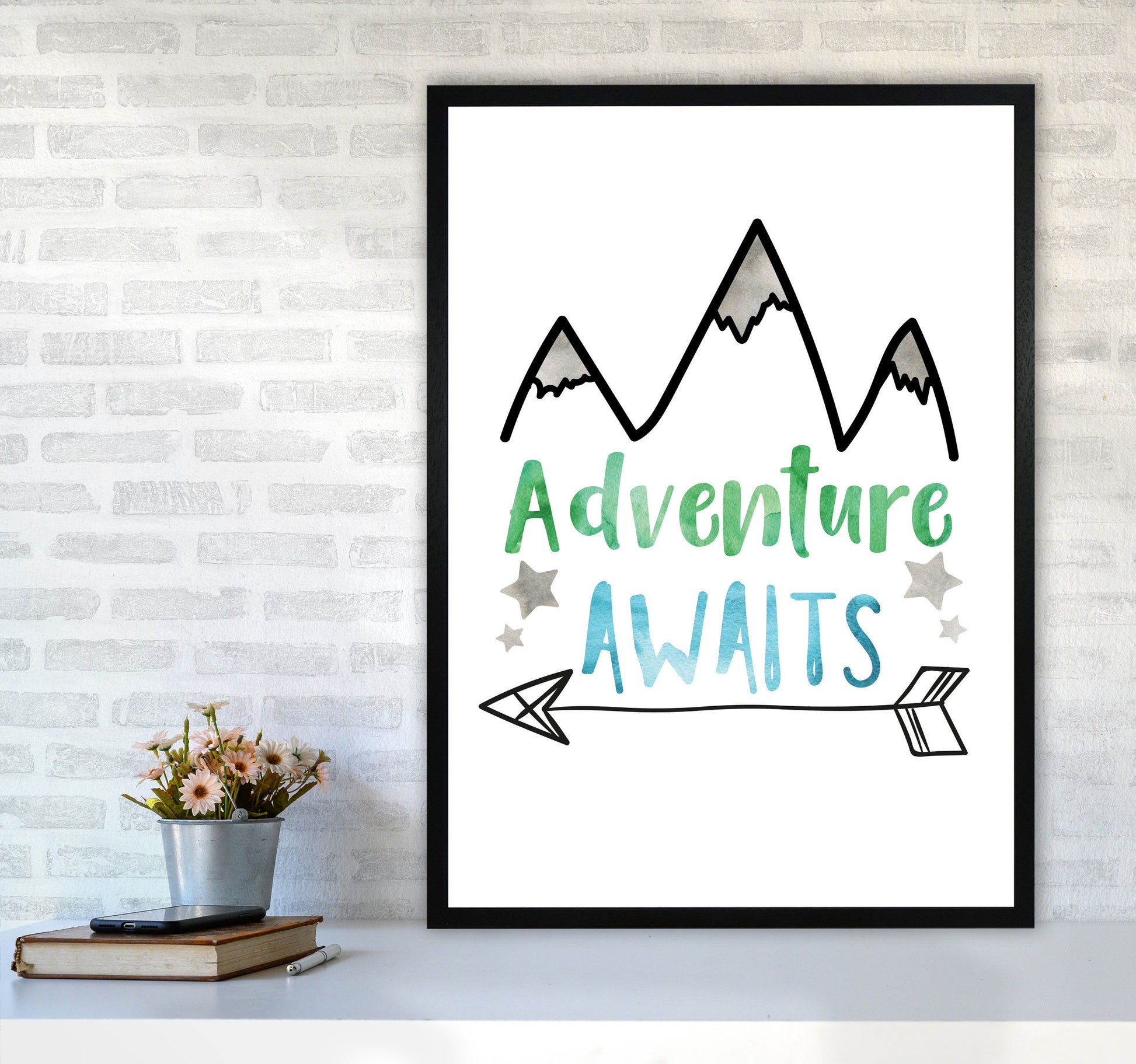 Adventure Awaits Watercolour Modern Print A1 White Frame