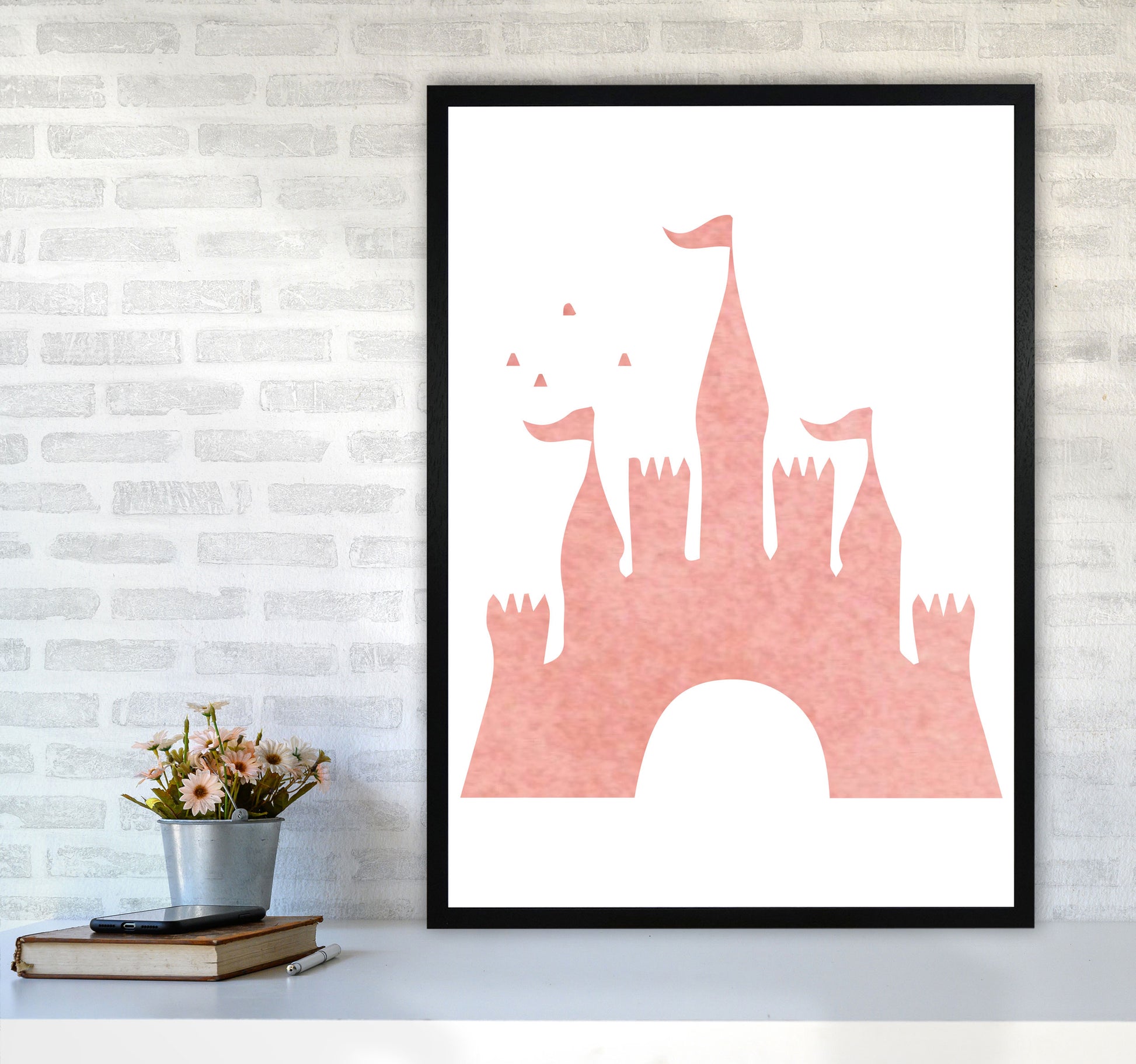 Peach Castle Watercolour Modern Print A1 White Frame