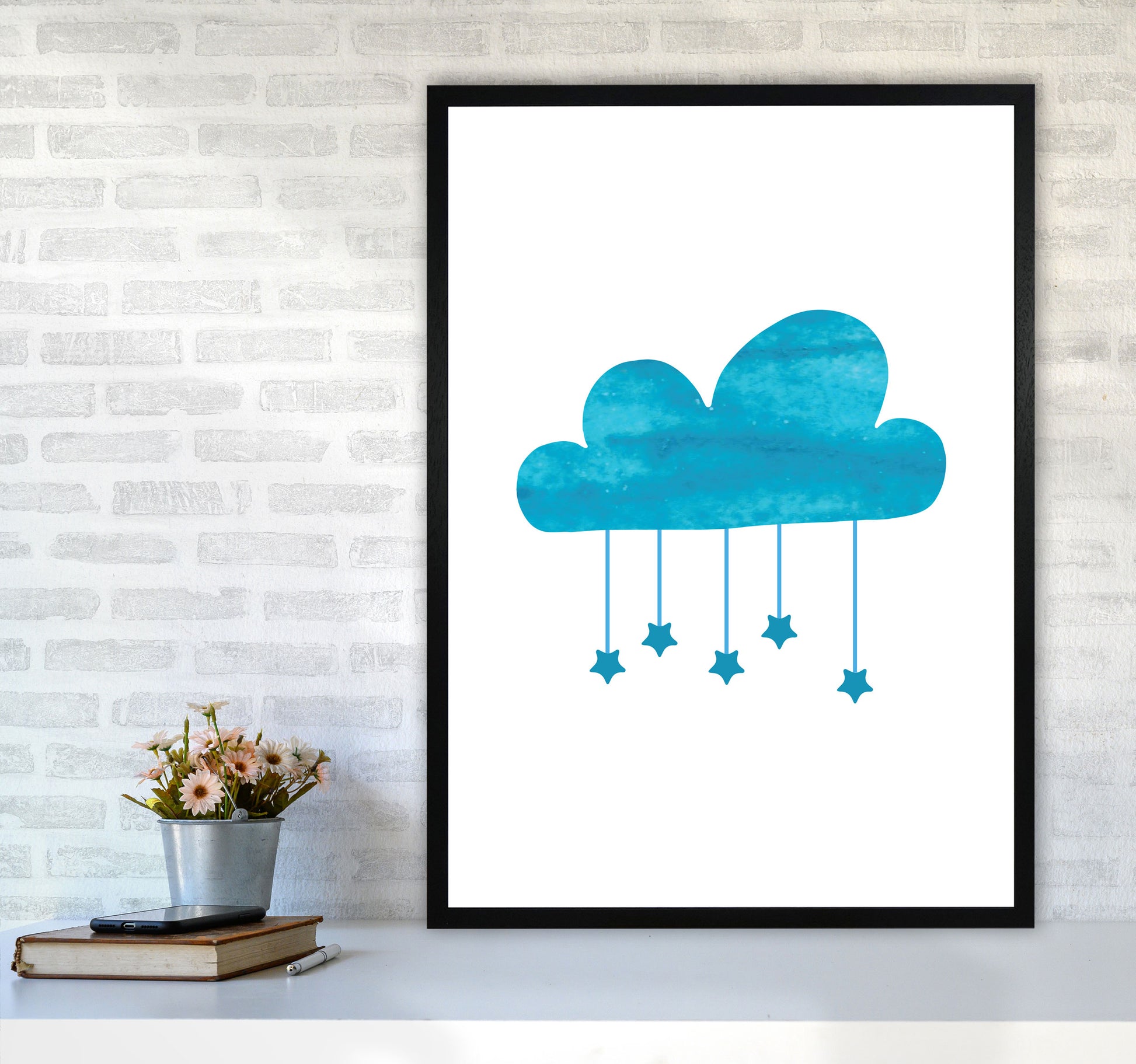 Turquoise Cloud Watercolour Modern Print A1 White Frame