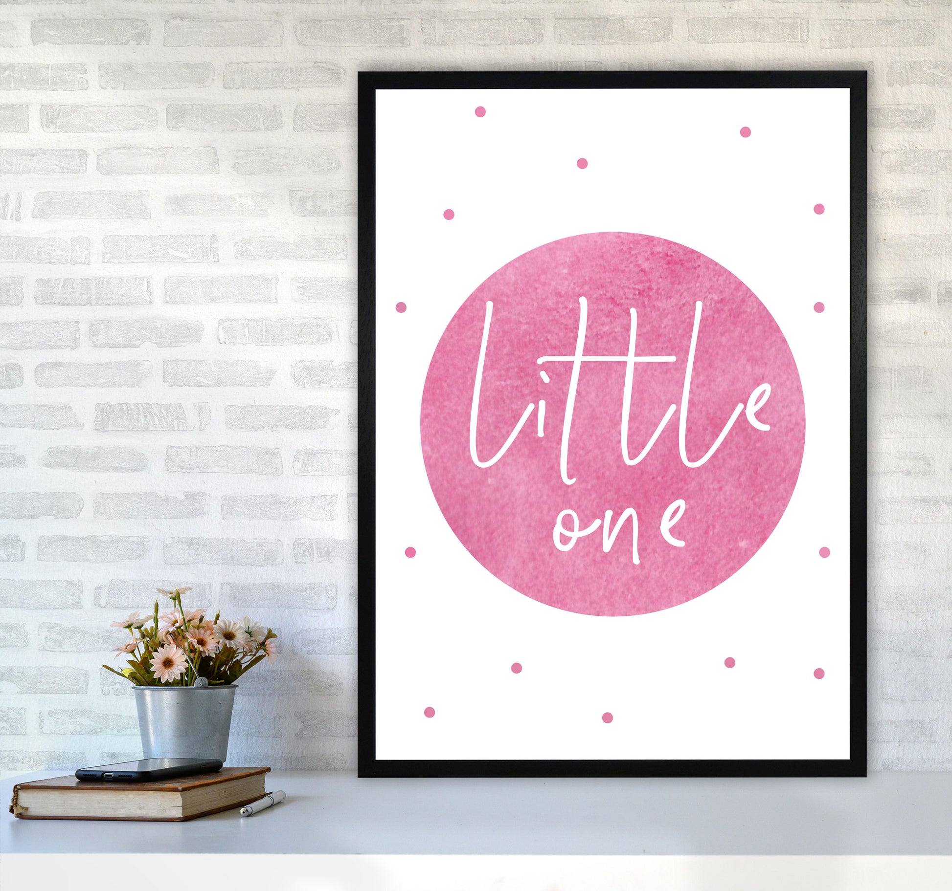 Little One Pink Watercolour Modern Print A1 White Frame