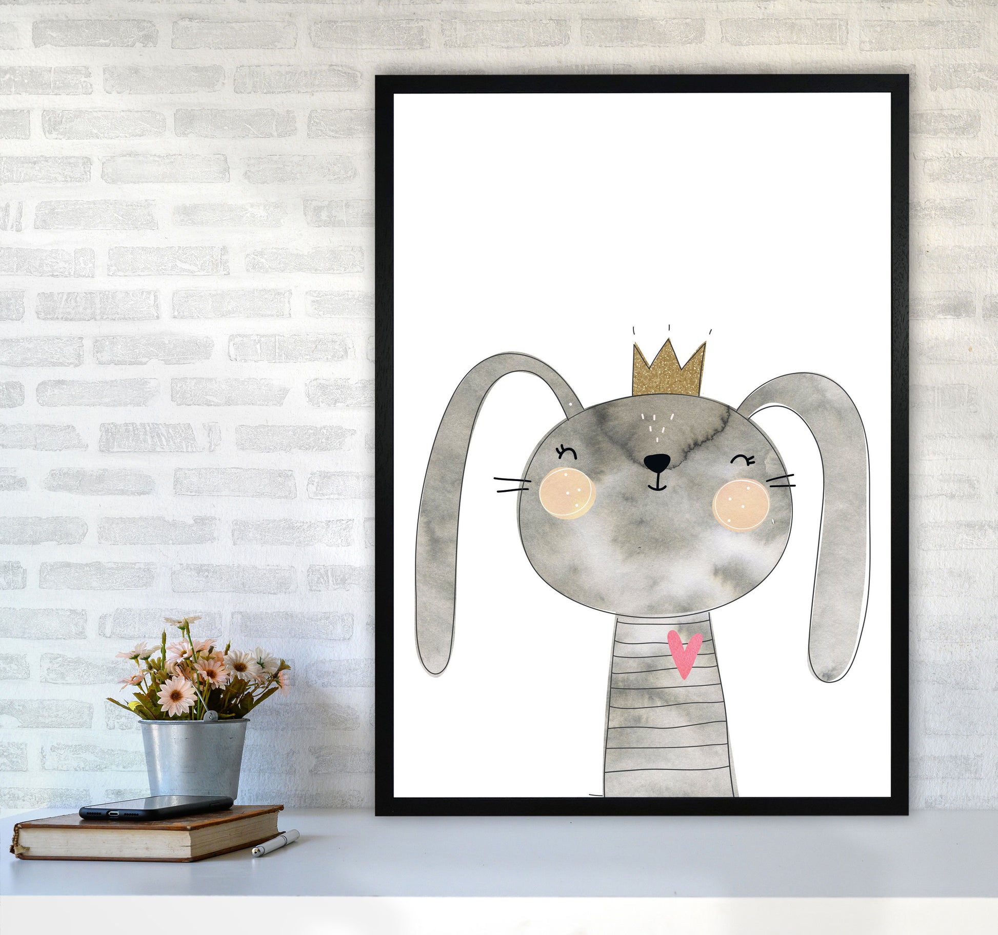 Scandi Grey Bunny Watercolour Framed Nursey Wall Art Print A1 White Frame