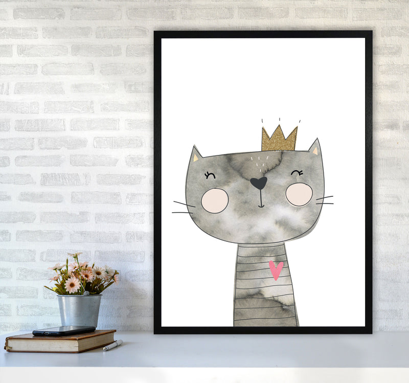 Scandi Grey Cat Watercolour Framed Nursey Wall Art Print A1 White Frame