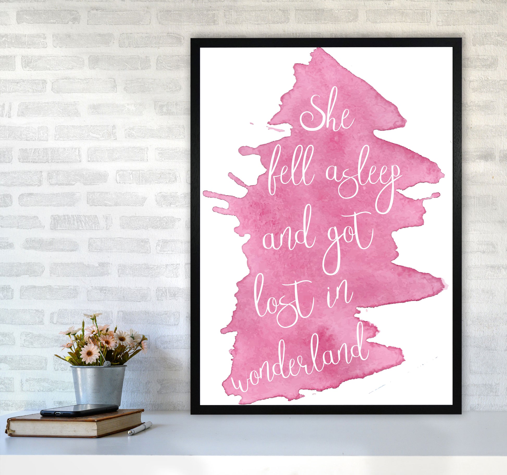 Wonderland Pink Watercolour Modern Print A1 White Frame