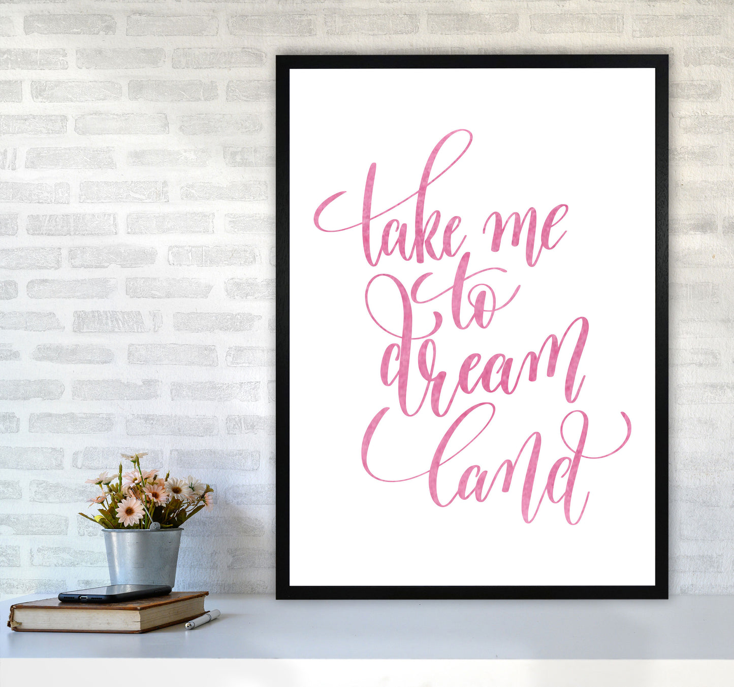 Take Me To Dreamland Pink Watercolour Modern Print A1 White Frame