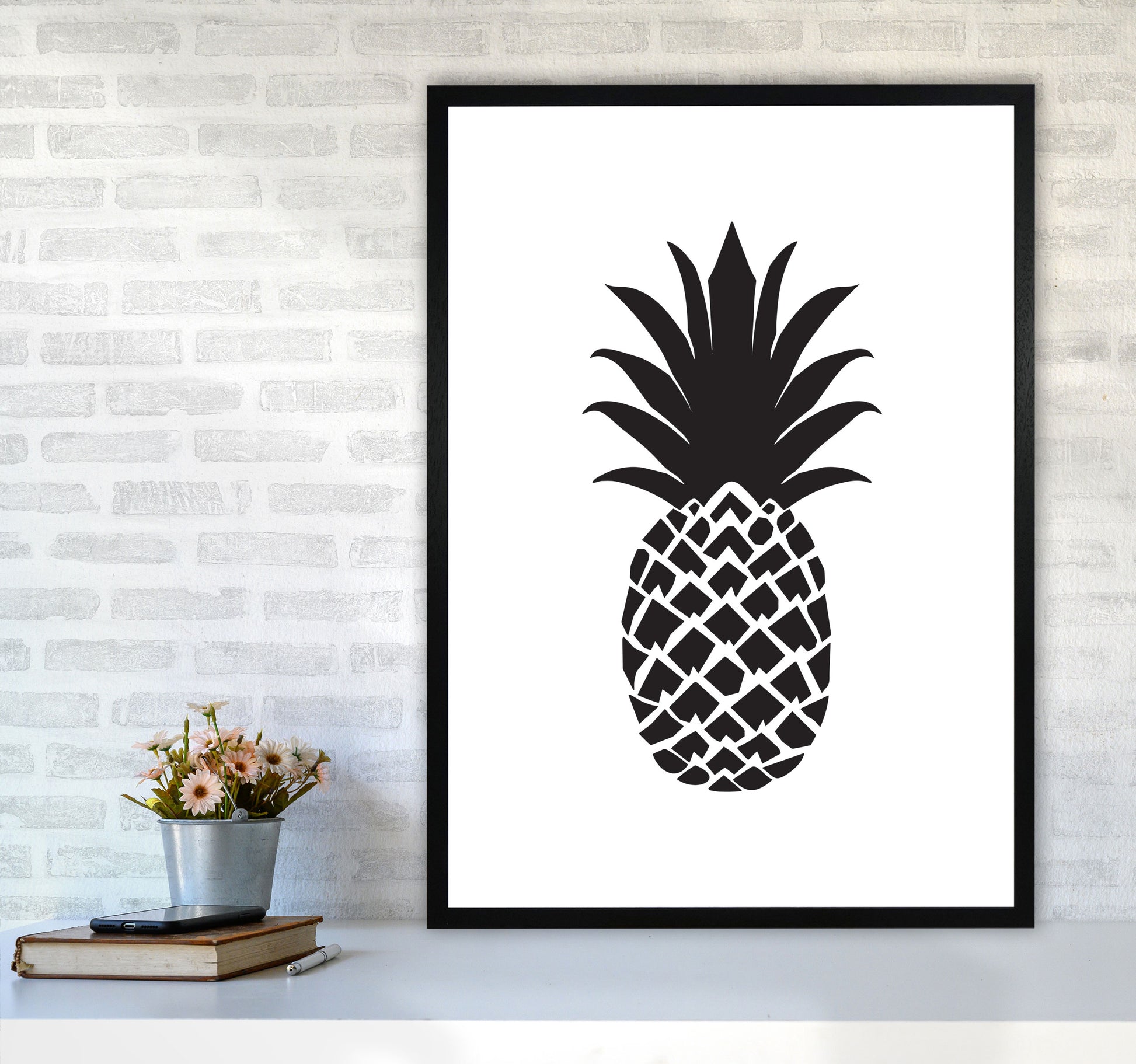 Black Pineapple 2 Modern Print, Framed Kitchen Wall Art A1 White Frame
