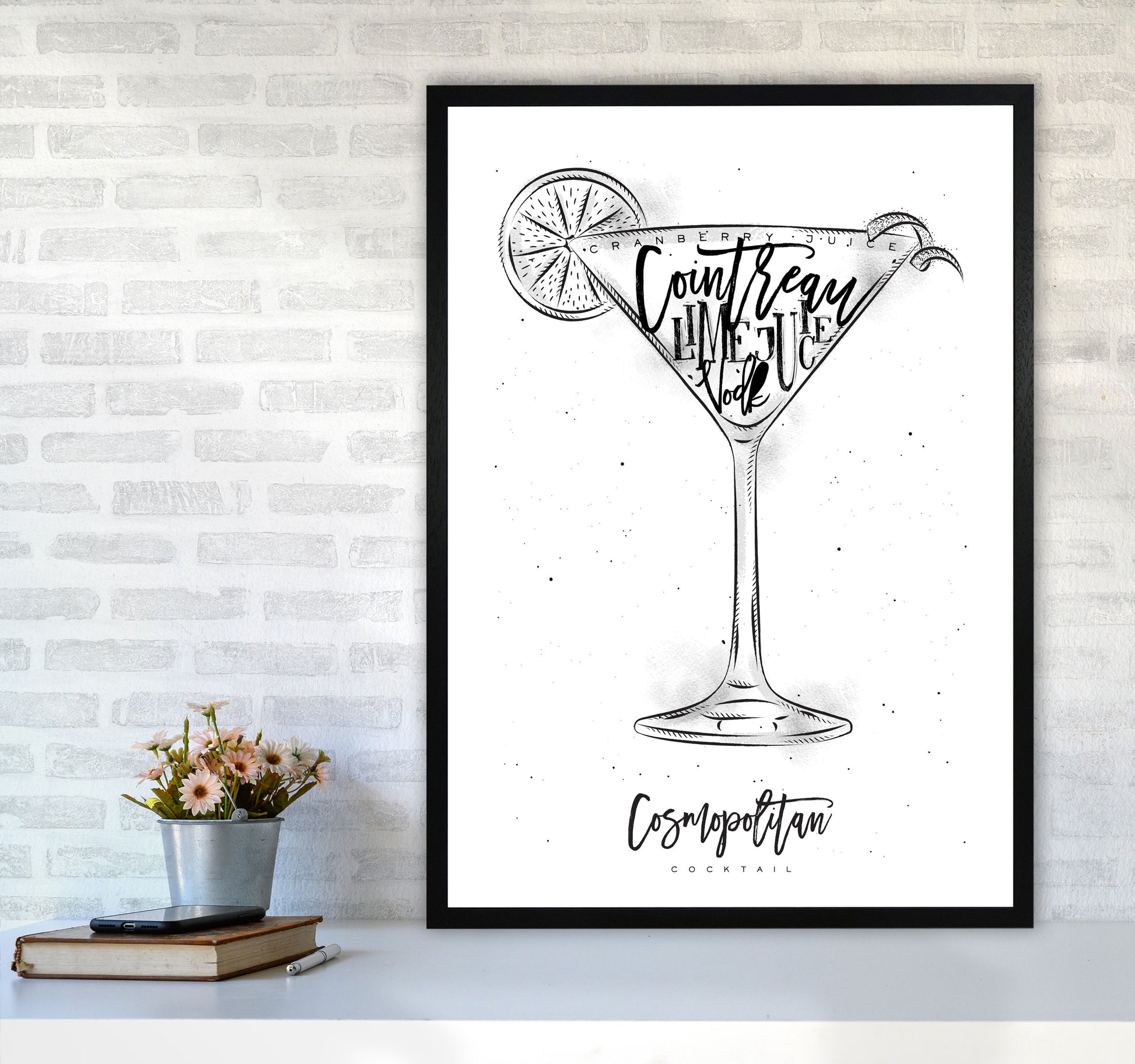 Cosmopolitan Cocktail Modern Print, Framed Kitchen Wall Art A1 White Frame