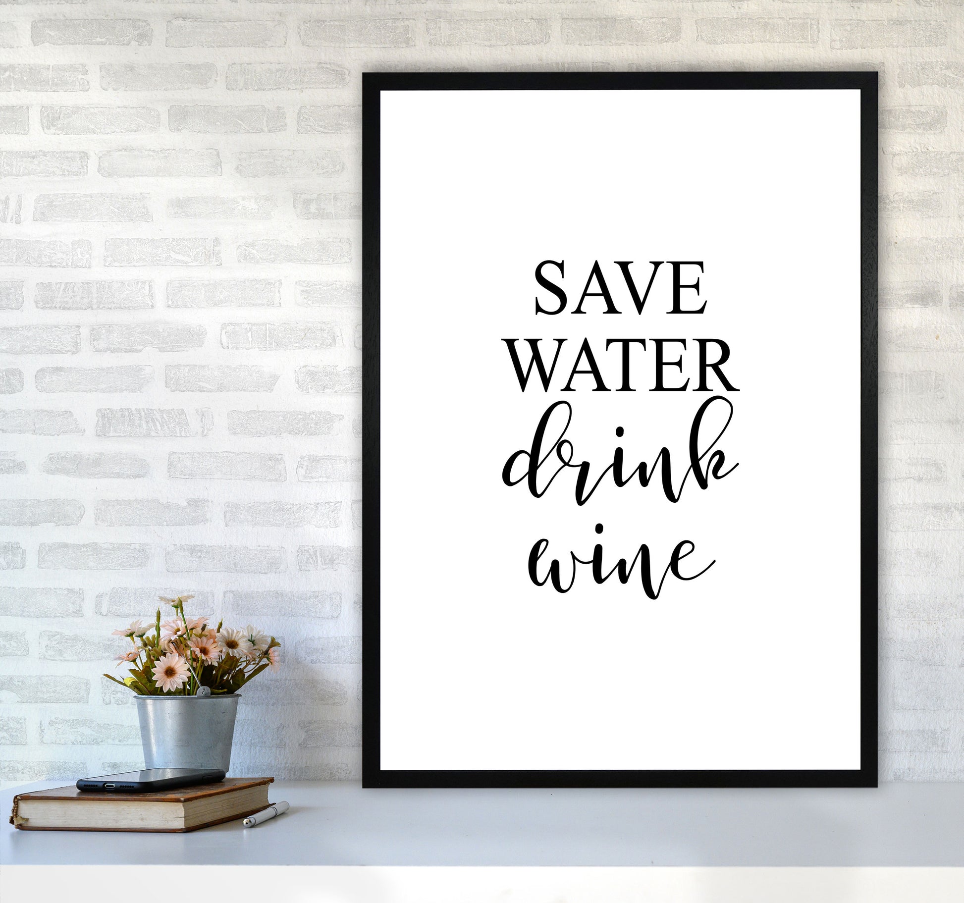 Save Water Drink Wine Modern Print, Framed Kitchen Wall Art A1 White Frame