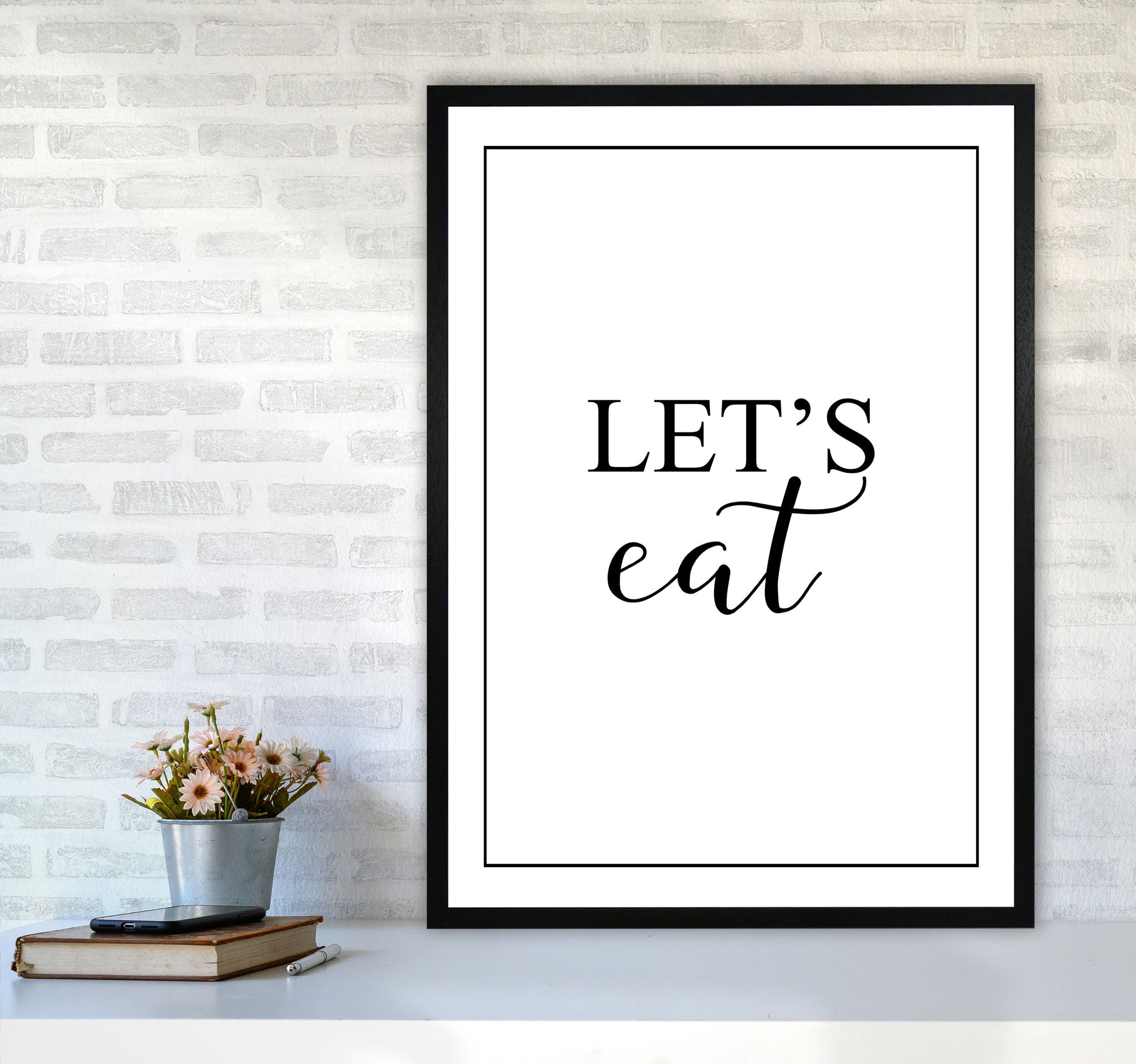 Let&#39;s Eat Modern Print, Framed Kitchen Wall Art A1 White Frame