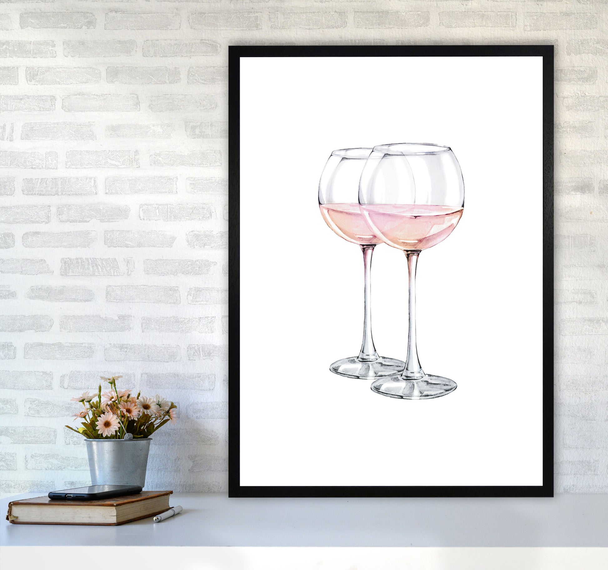 Pink Wine Glasses Modern Print A1 White Frame