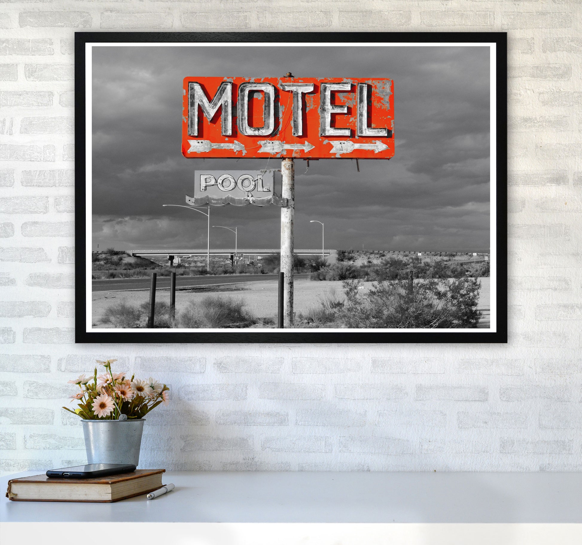 Red Motel Sign Modern Print A1 White Frame