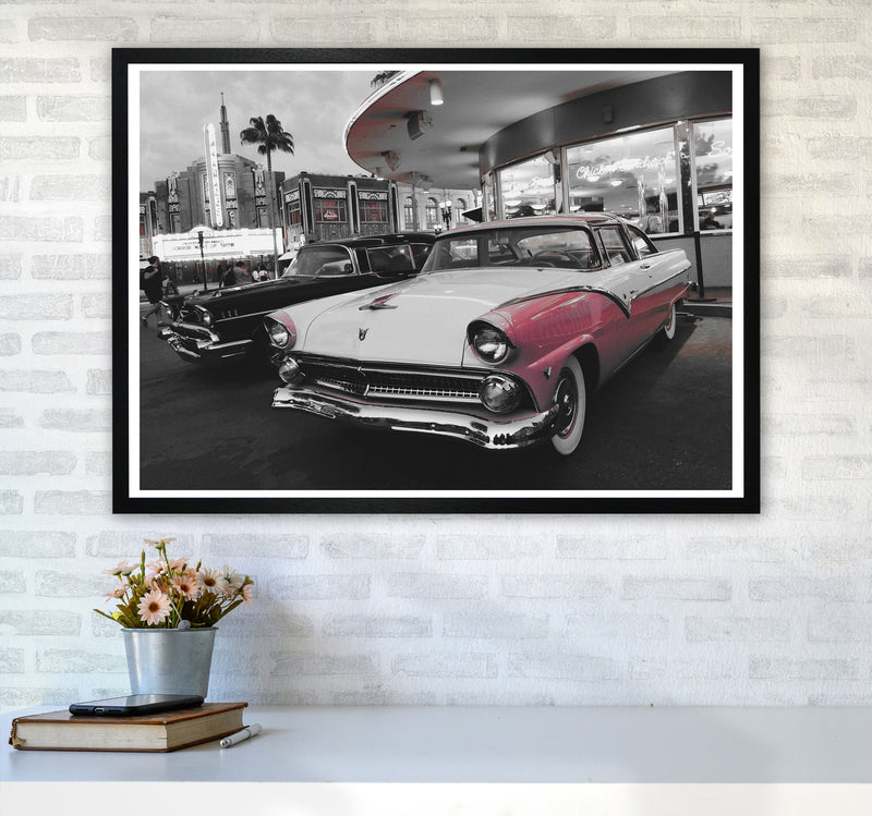 Vintage Pink And White Car Modern Print A1 White Frame