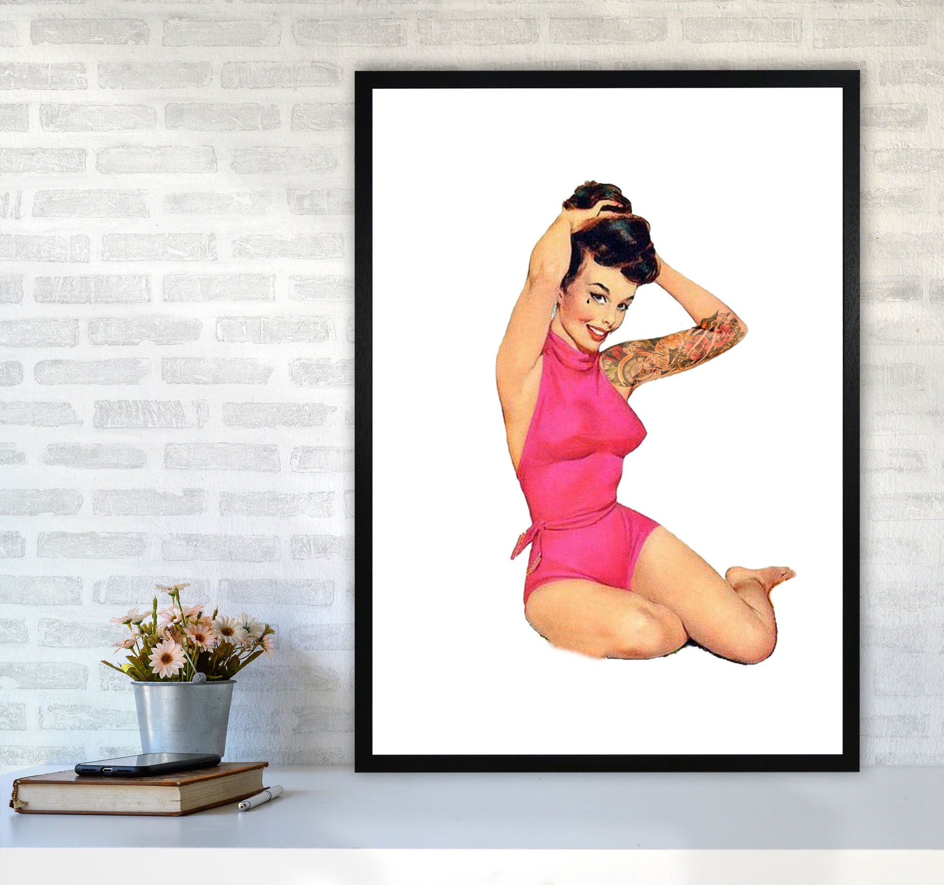 Retro Pin Up Girl Modern Print A1 White Frame