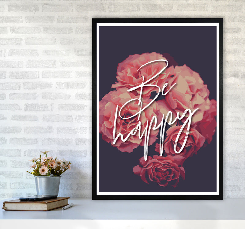 Be Happy Floral Modern Print, Framed Botanical & Nature Art Print A1 White Frame