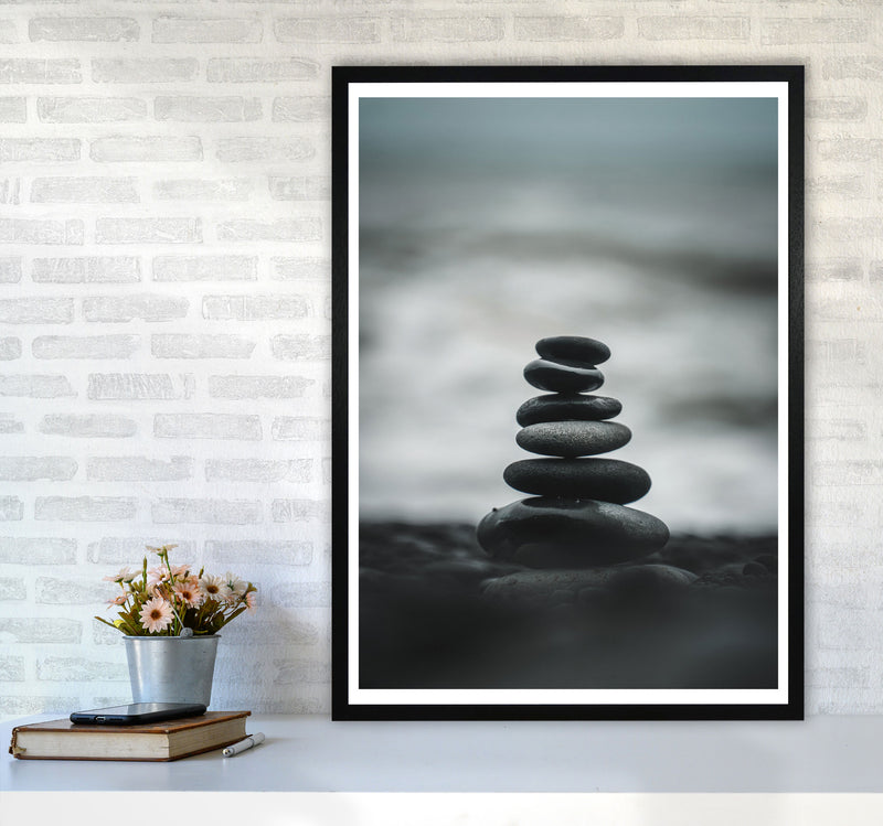 Black Pebble Stack Modern Print, Framed Botanical & Nature Art Print A1 White Frame