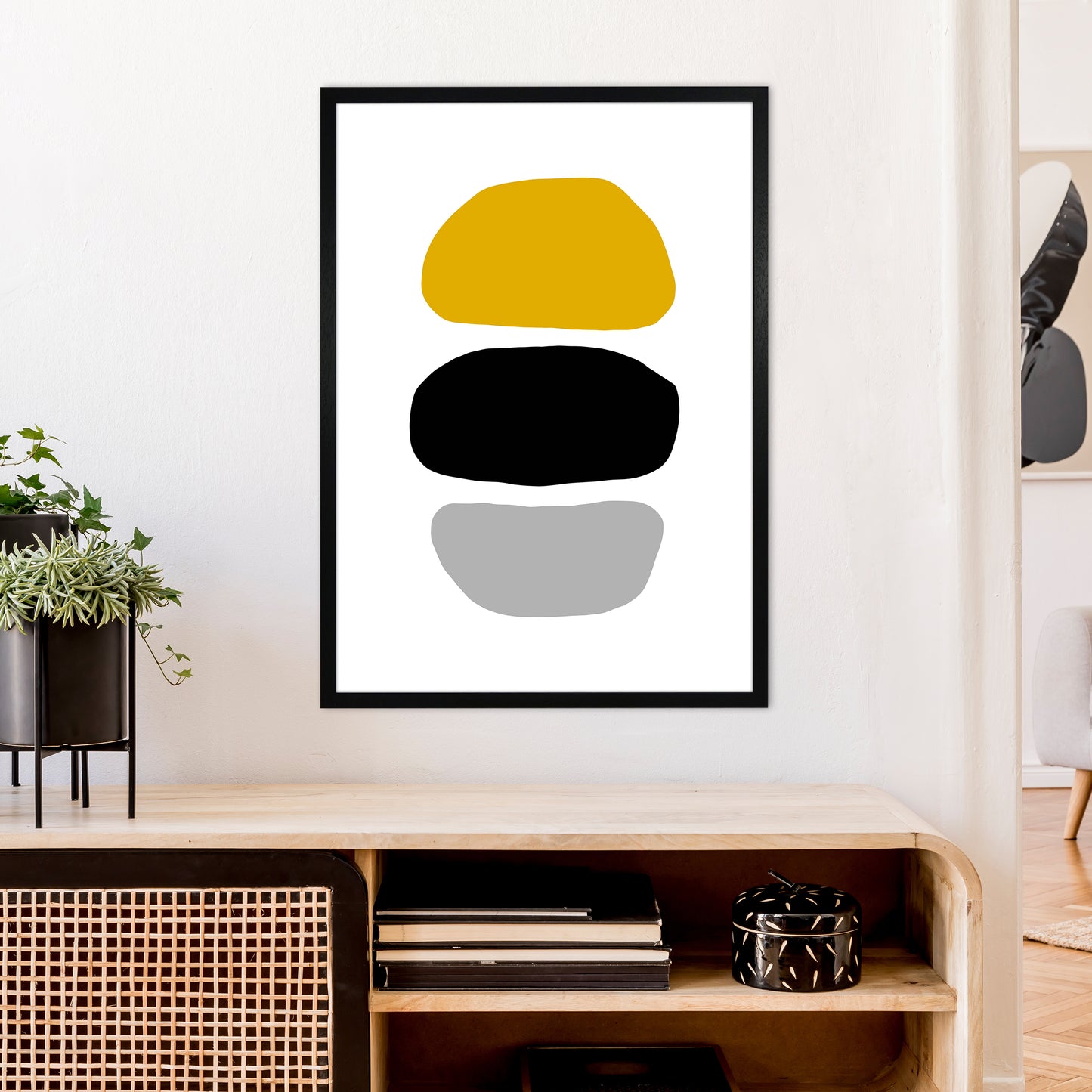 Mustard And Black Abstract Stones 2 Art Print by Pixy Paper A1 White Frame