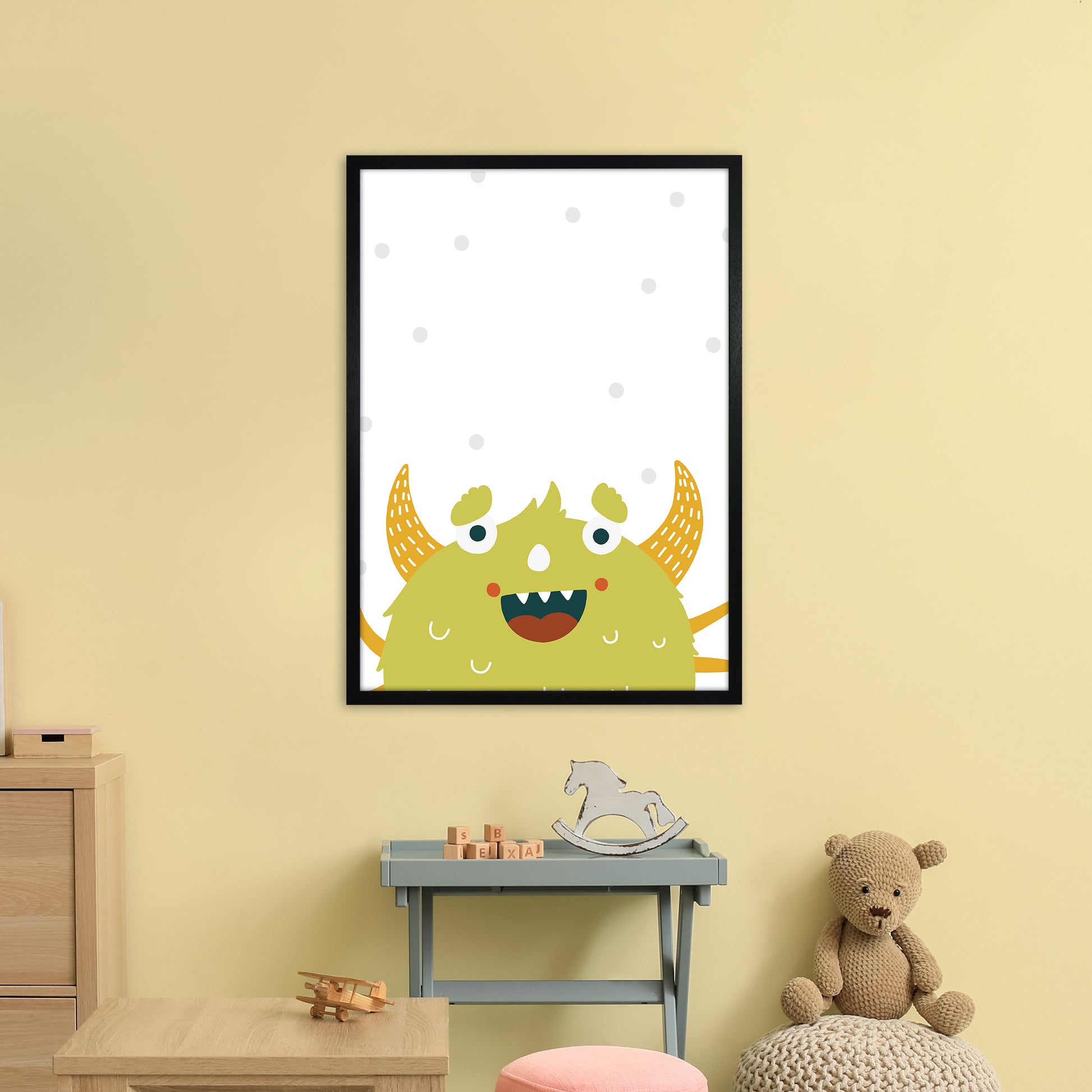 Little Monsters Green Happy  Art Print by Pixy Paper A1 White Frame