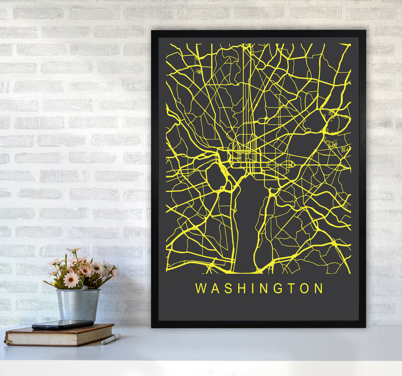 Washington Map Neon Art Print by Pixy Paper A1 White Frame