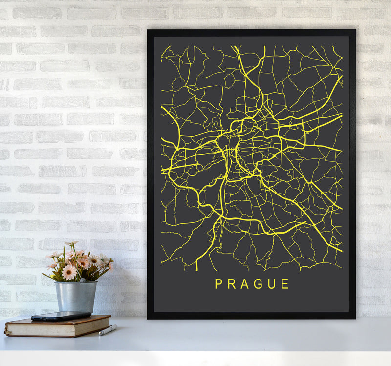 Prague Map Neon Art Print by Pixy Paper A1 White Frame