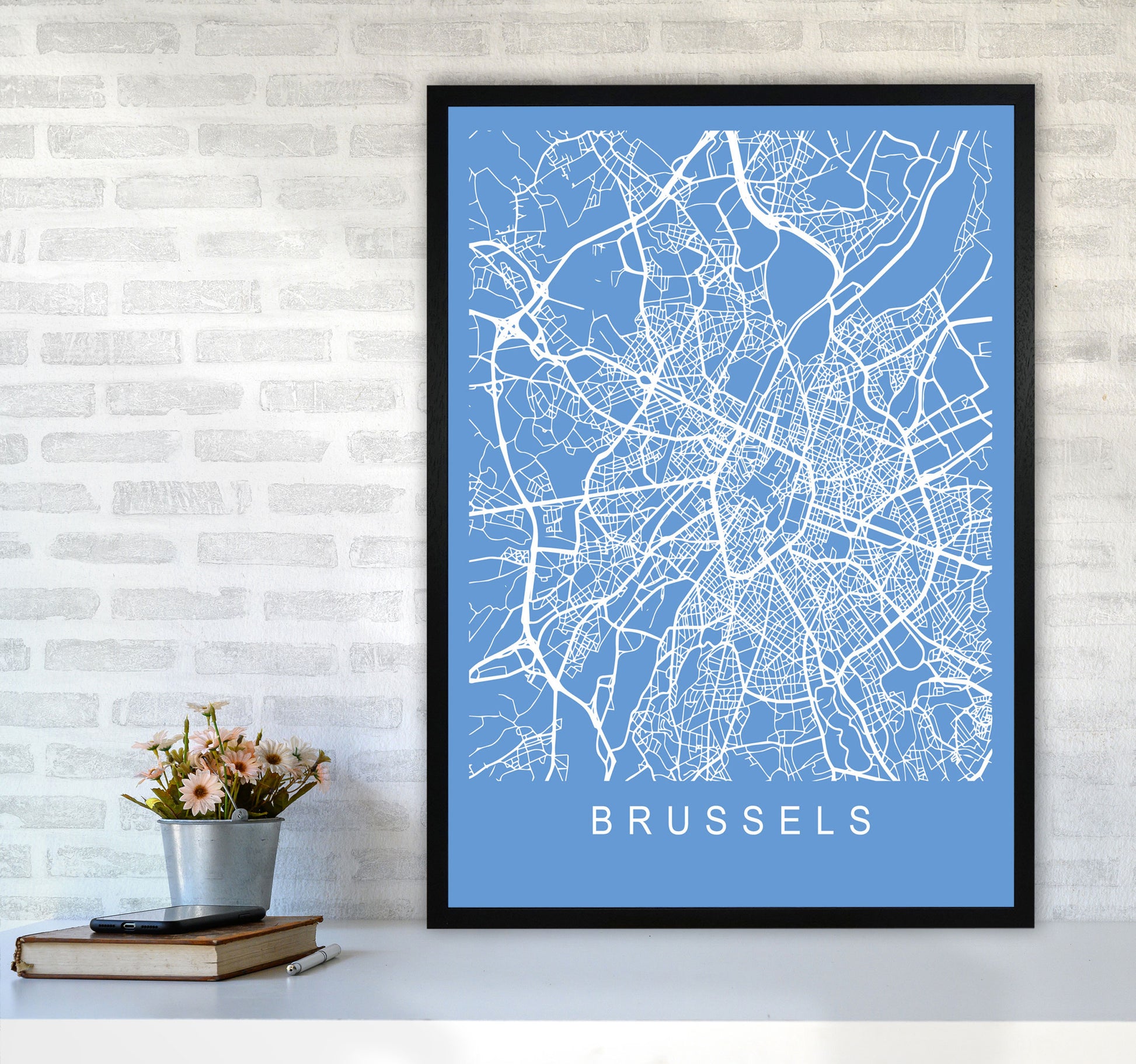 Brussels Map Blueprint Art Print by Pixy Paper A1 White Frame