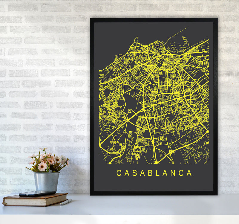 Casablanca Map Neon Art Print by Pixy Paper A1 White Frame