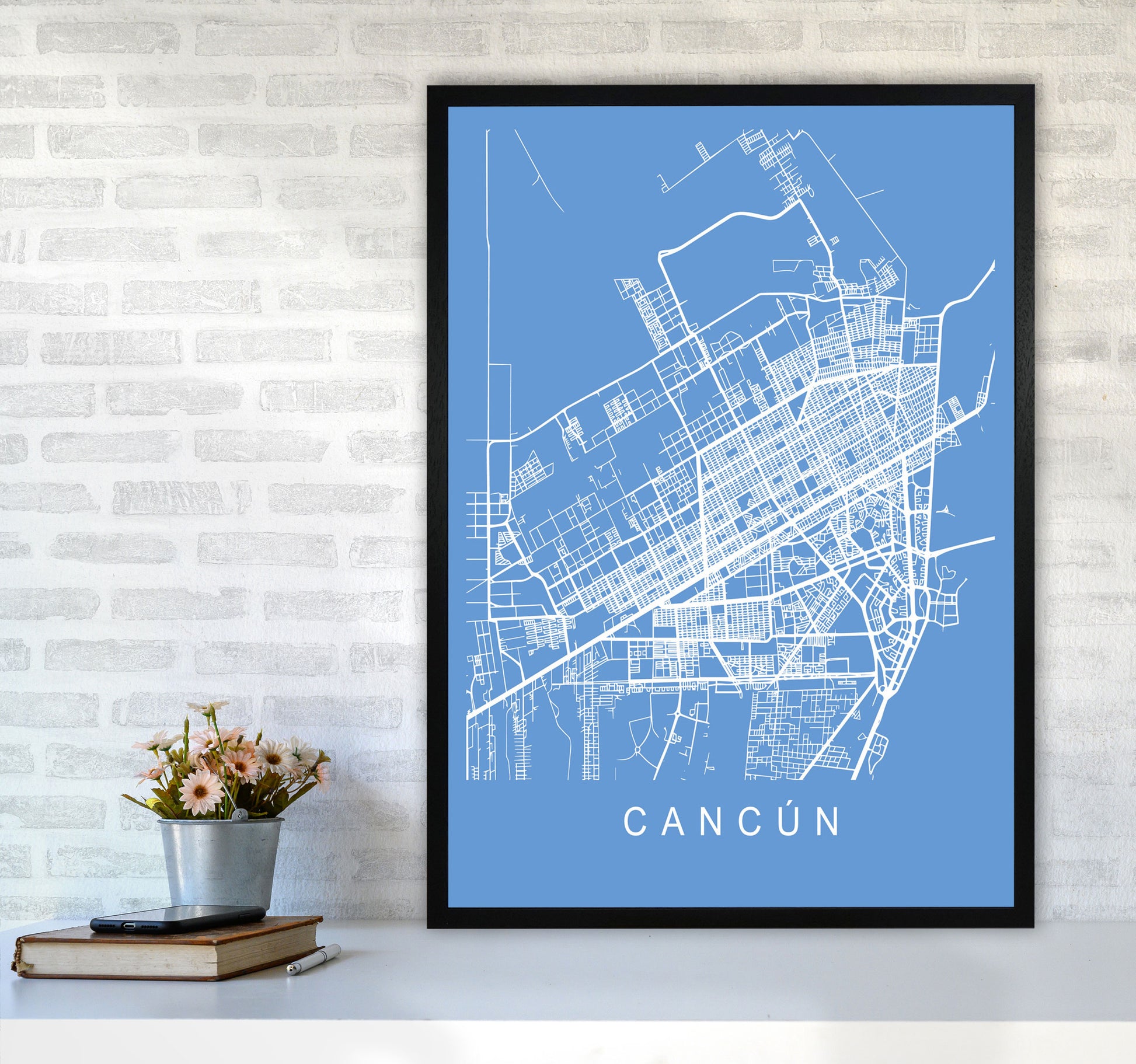 Cancun Map Blueprint Art Print by Pixy Paper A1 White Frame