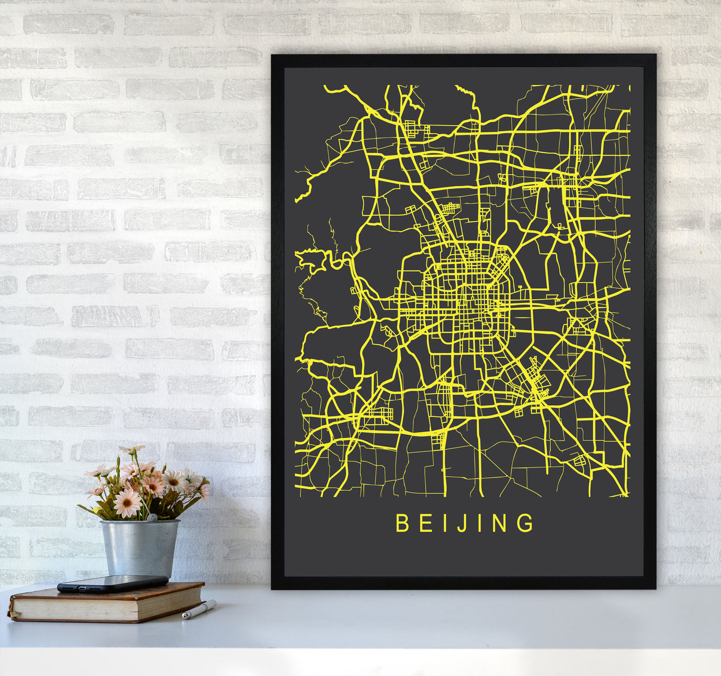 Beijing Map Neon Art Print by Pixy Paper A1 White Frame