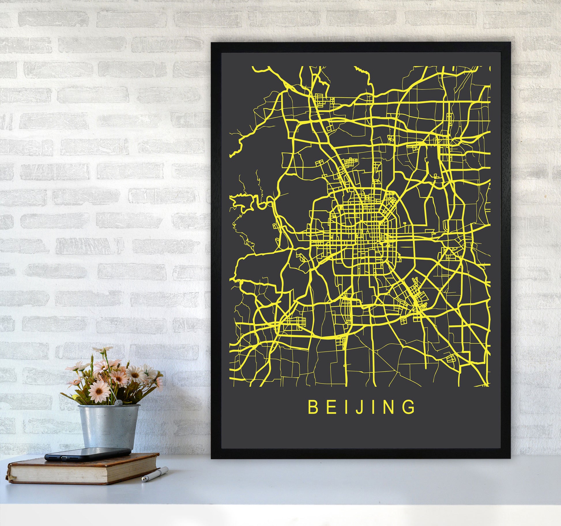 Beijing Map Neon Art Print by Pixy Paper A1 White Frame