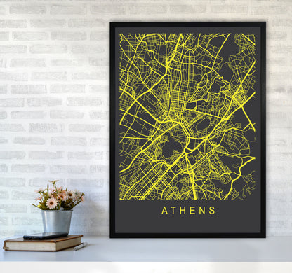 Athens Map Neon Art Print by Pixy Paper A1 White Frame