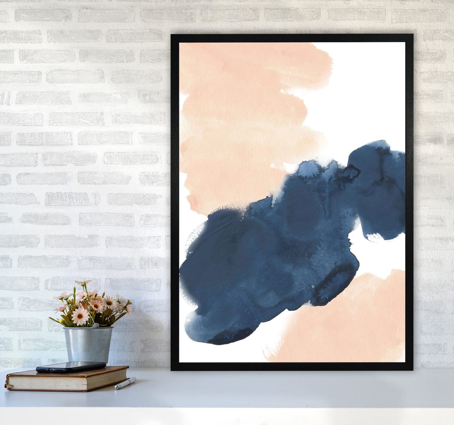 Aztec Blush and Navy Watercolour 02 Art Print by Pixy Paper A1 White Frame