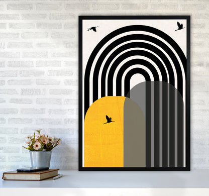 Giant rainbow with birds mustard Art Print by Pixy Paper A1 White Frame
