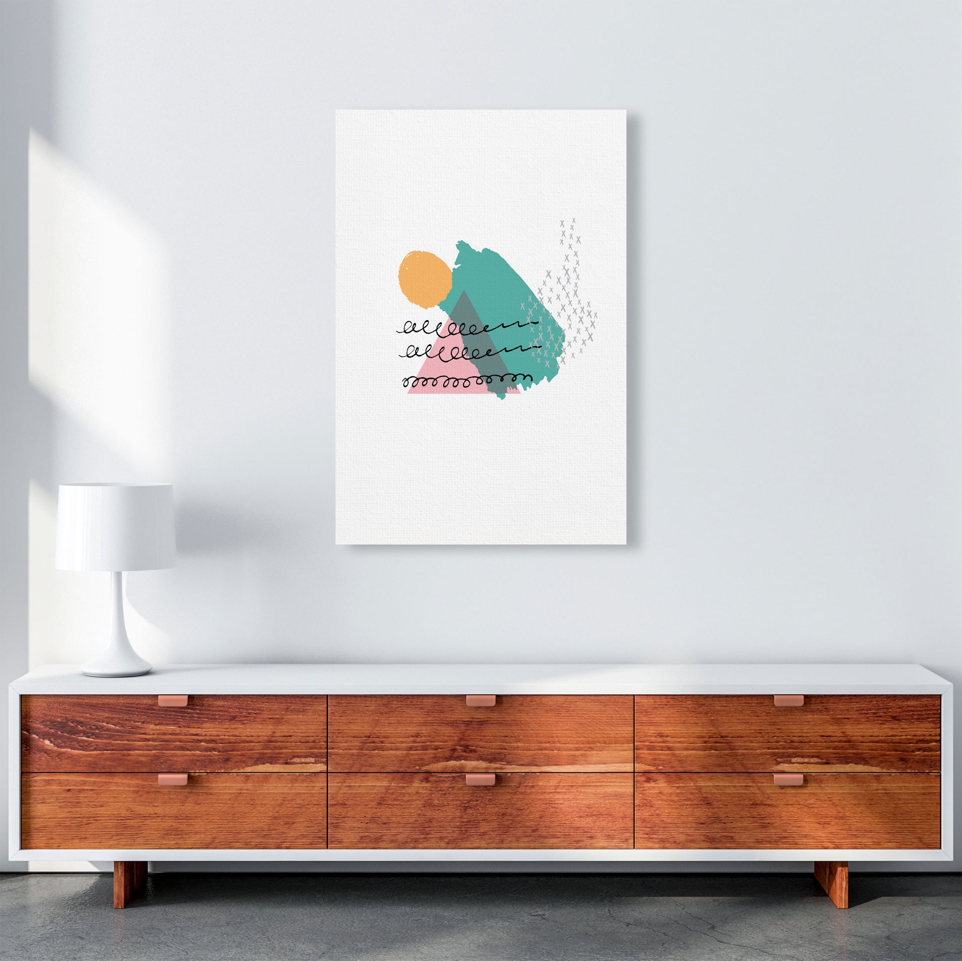 Pink And Teal Mountain Sun Abstract Modern Print A1 Canvas