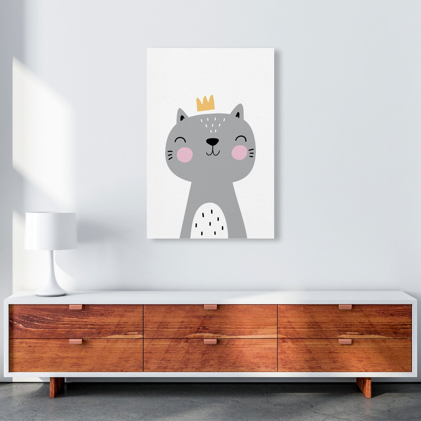 Grey Scandi Cat With Crown Modern Print Animal Art Print A1 Canvas