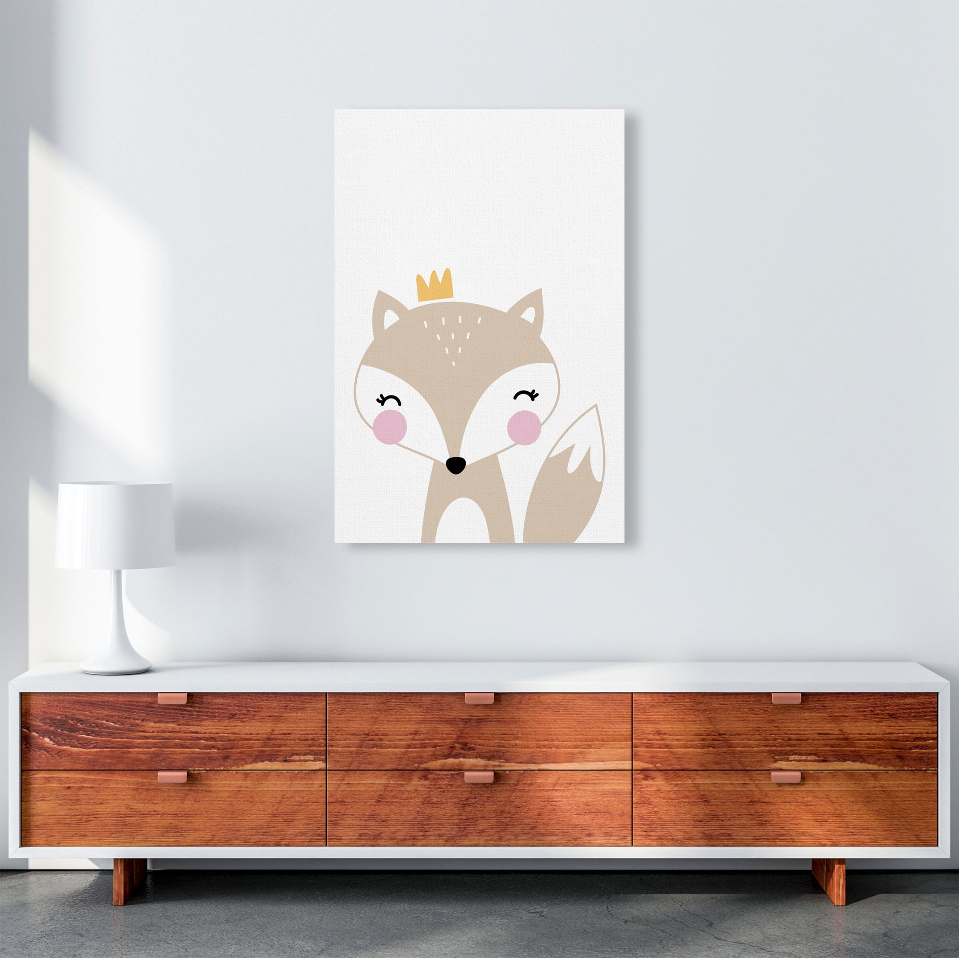 Scandi Beige Fox With Crown Framed Nursey Wall Art Print A1 Canvas