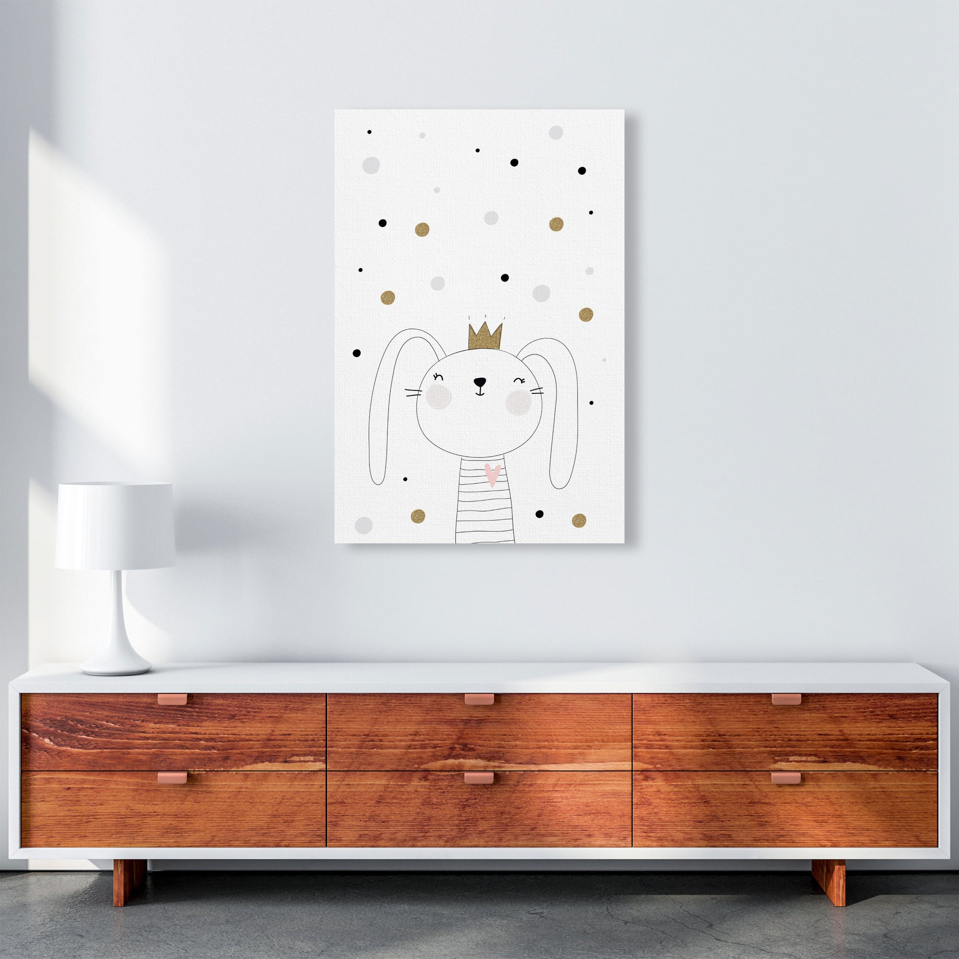 Scandi Cute Bunny With Crown And Polka Dots Modern Print A1 Canvas