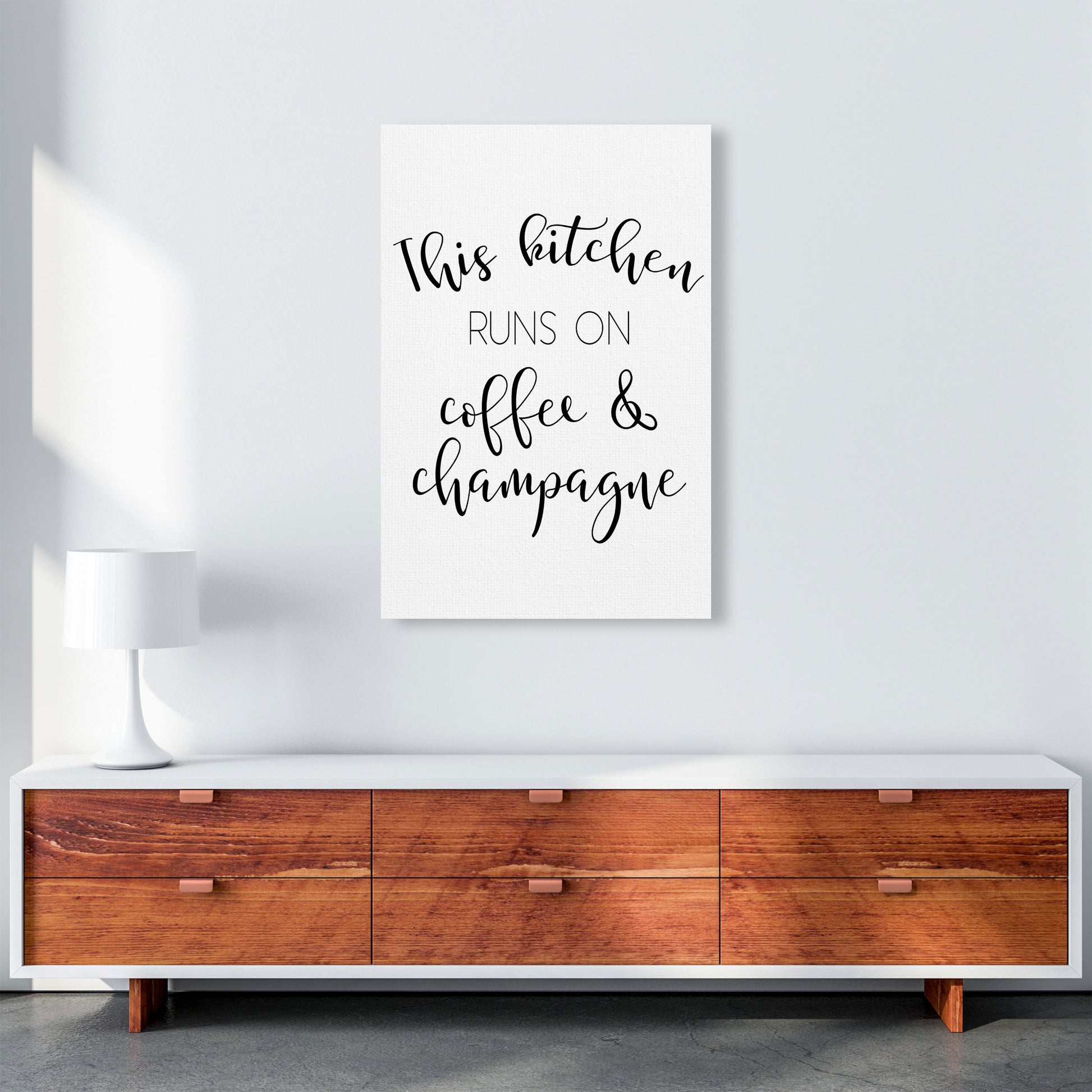 This Kitchen Runs On Coffee And Champagne Modern Print, Framed Kitchen Wall Art A1 Canvas