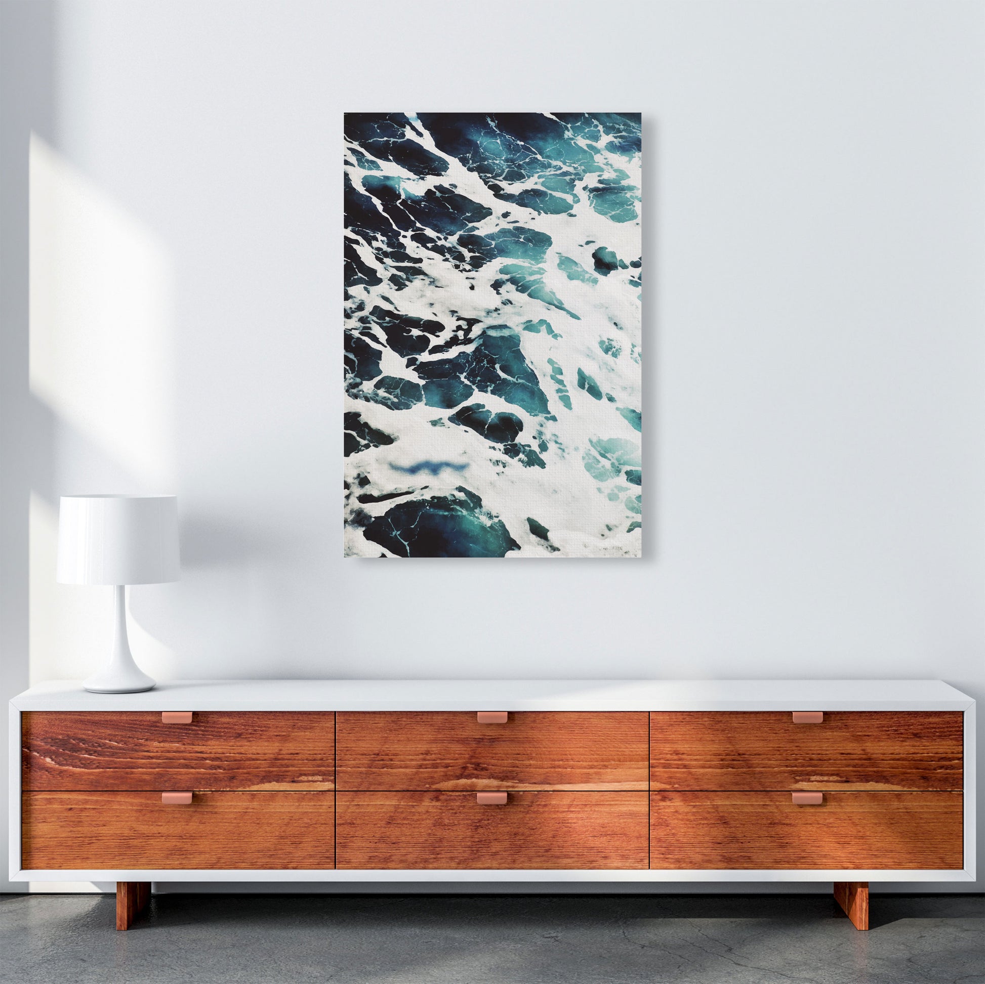 Blue White Water Modern Print, Framed Botanical & Nature Art Print A1 Canvas