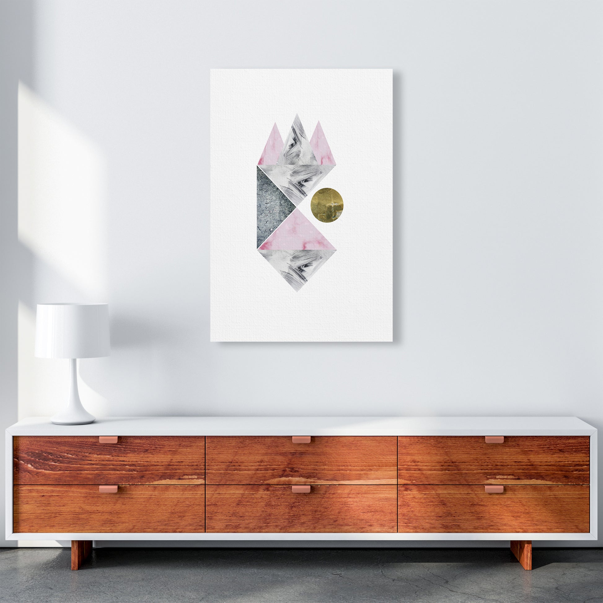Luna Side Moon Pink And Grey Triangles Abstract  Art Print by Pixy Paper A1 Canvas