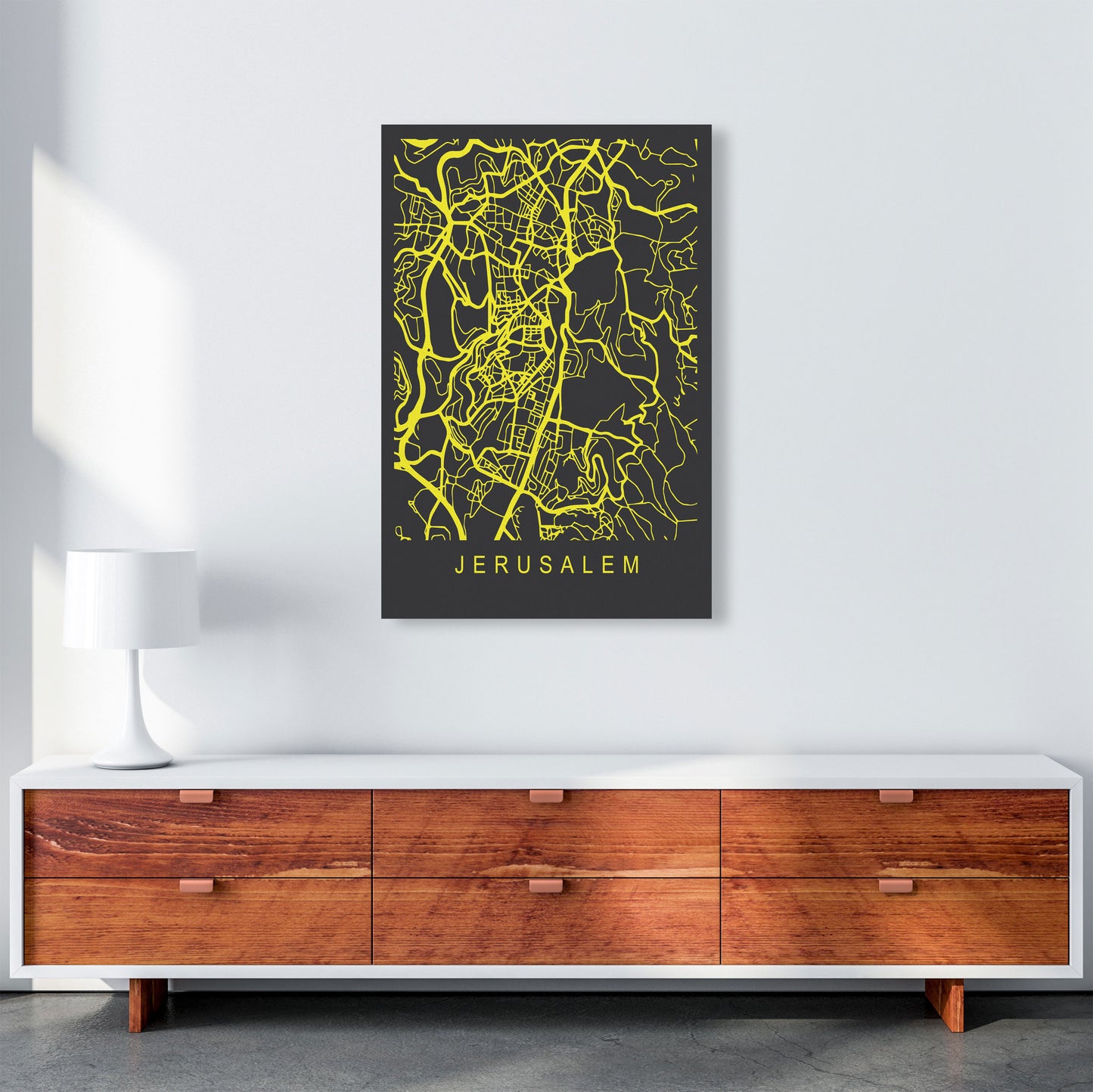 Jerusalem Map Neon Art Print by Pixy Paper A1 Canvas