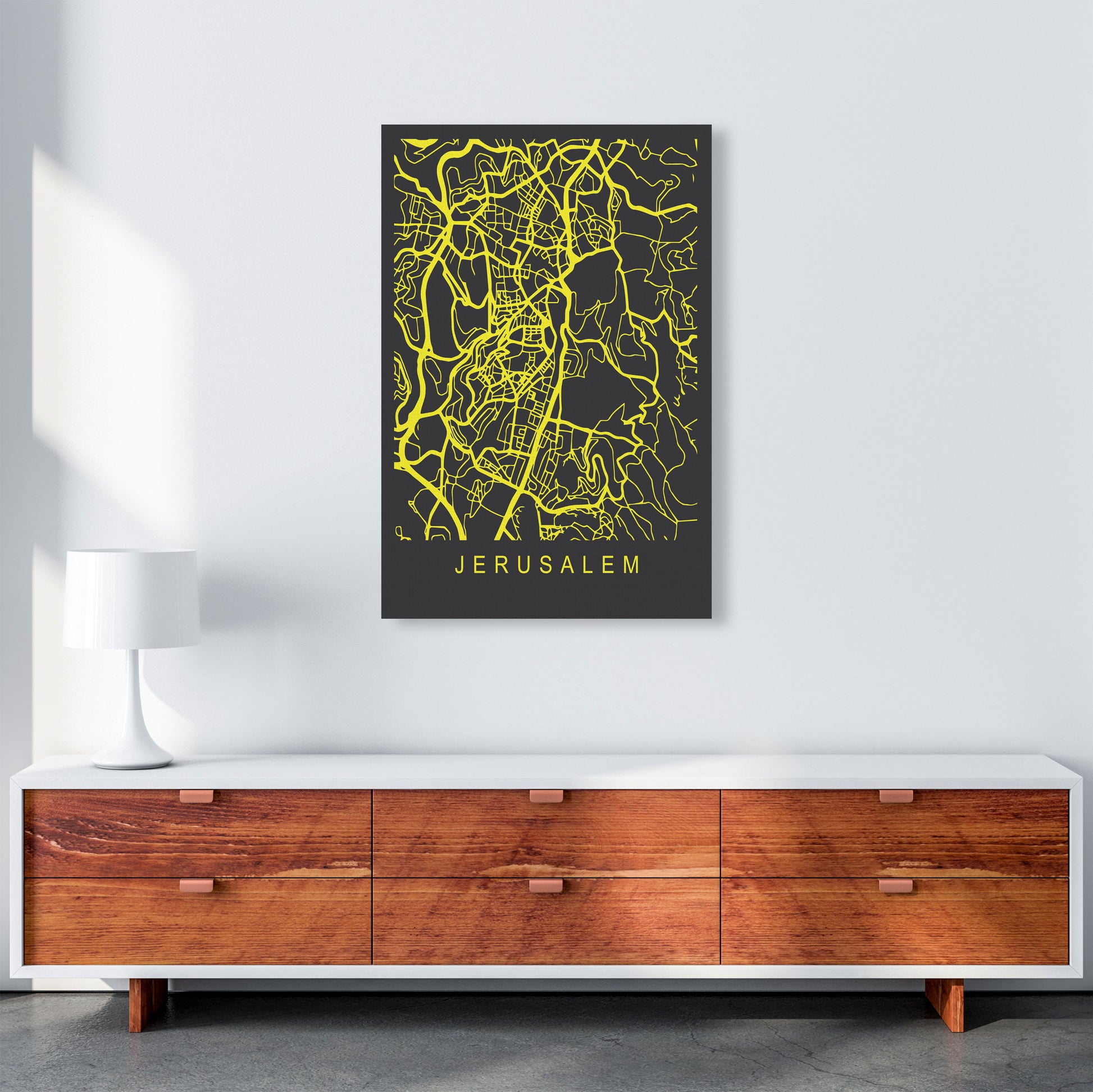 Jerusalem Map Neon Art Print by Pixy Paper A1 Canvas