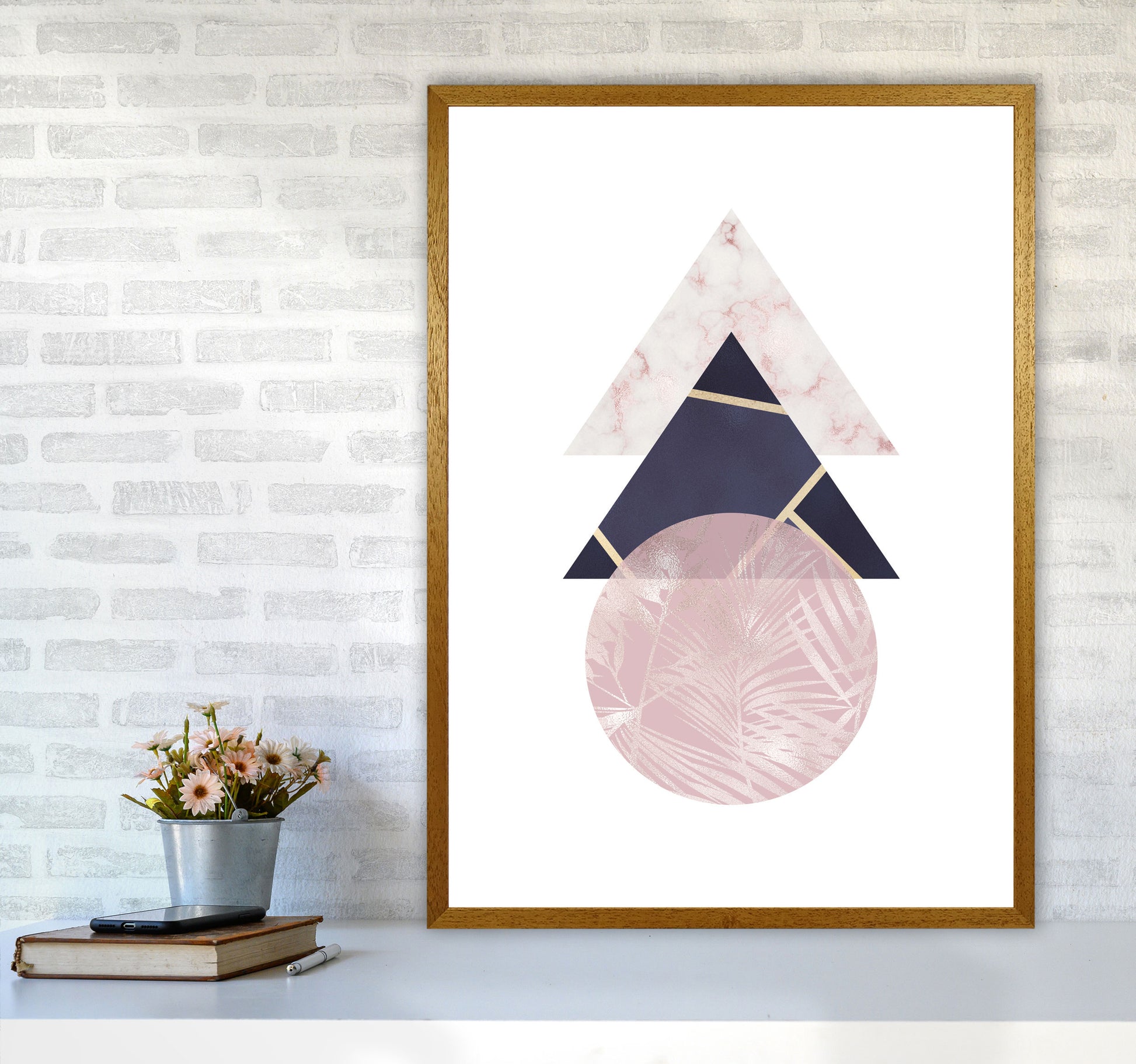 Pink And Navy Marble Abstract Triangles And Circle Modern Print A1 Print Only