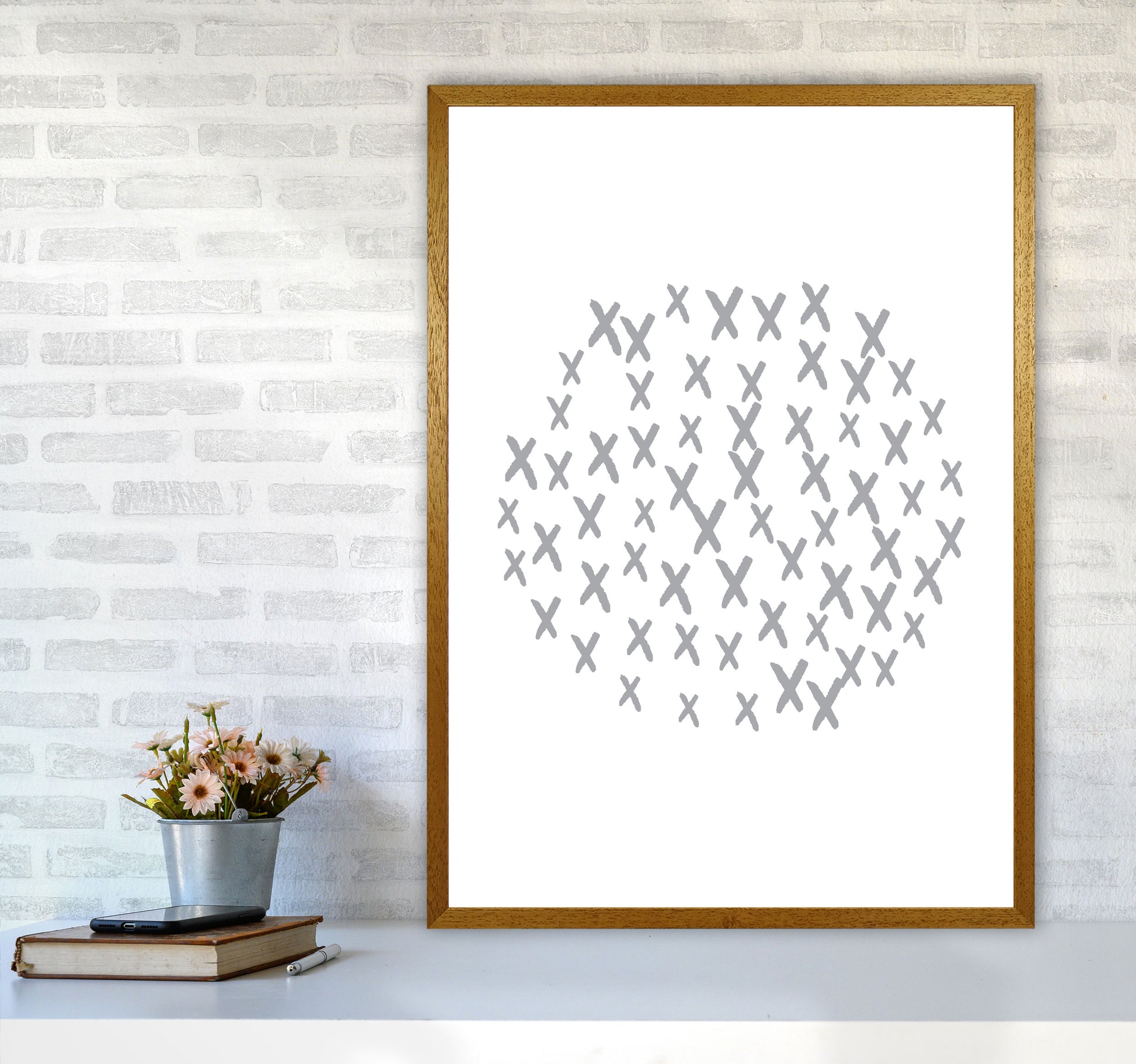 Grey Crosses Circle Abstract Modern Print A1 Print Only